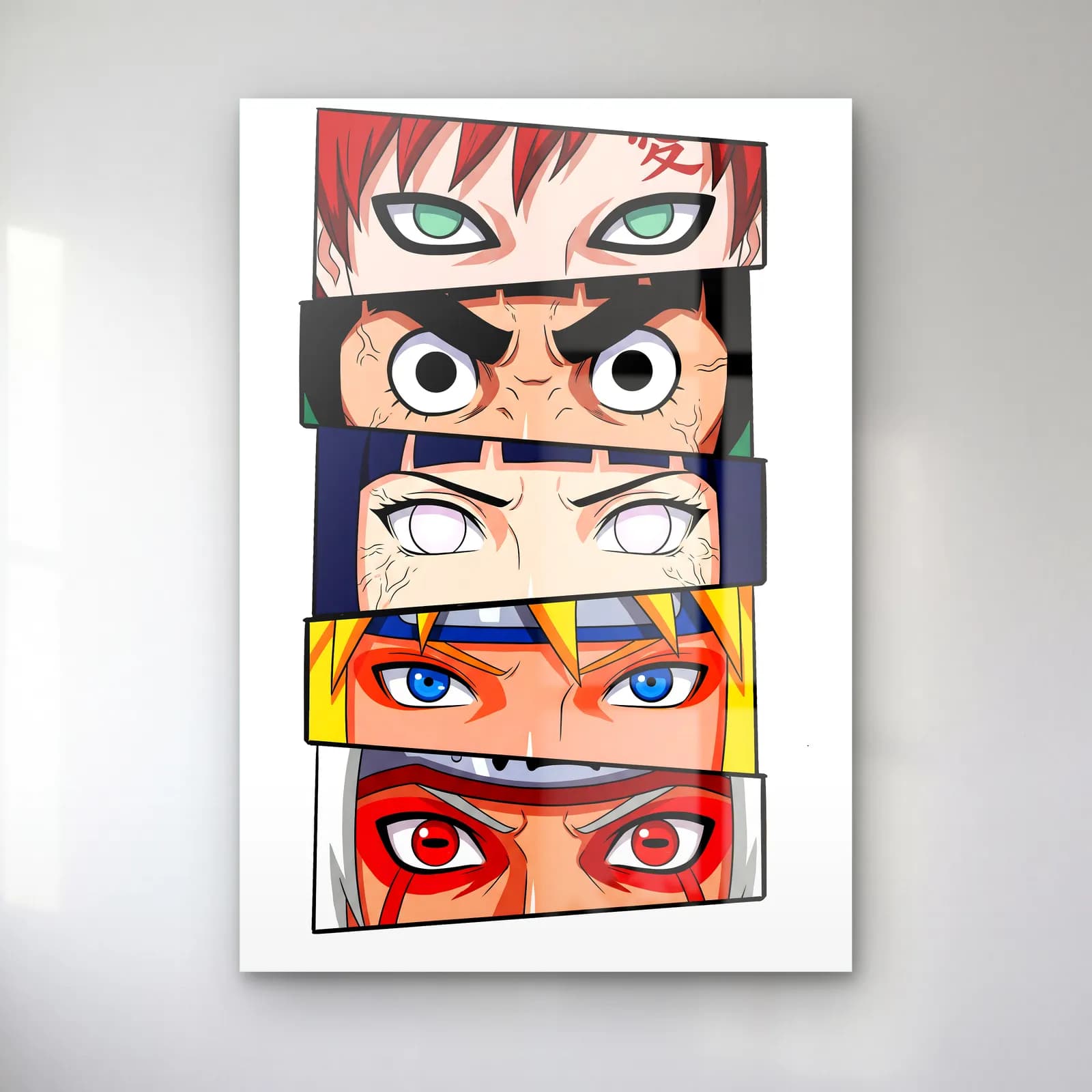 Gaara ve Naruto Gözleri cam tablo — Beyaz fonda Gaara, Rock Lee, Neji, Naruto ve kırmızı Kurama gözleri