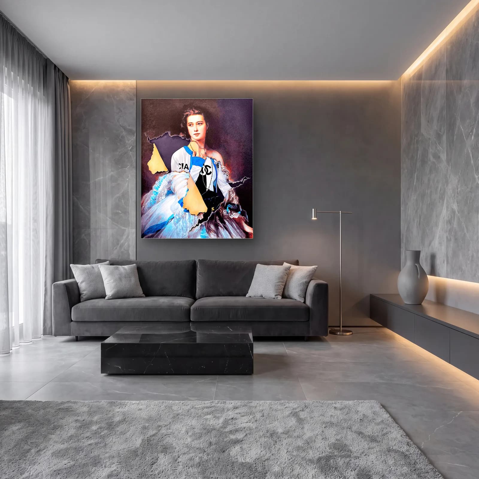 Chanel Detaylı Soylu Kadın Portresi cam tablo — lüks salon duvarında