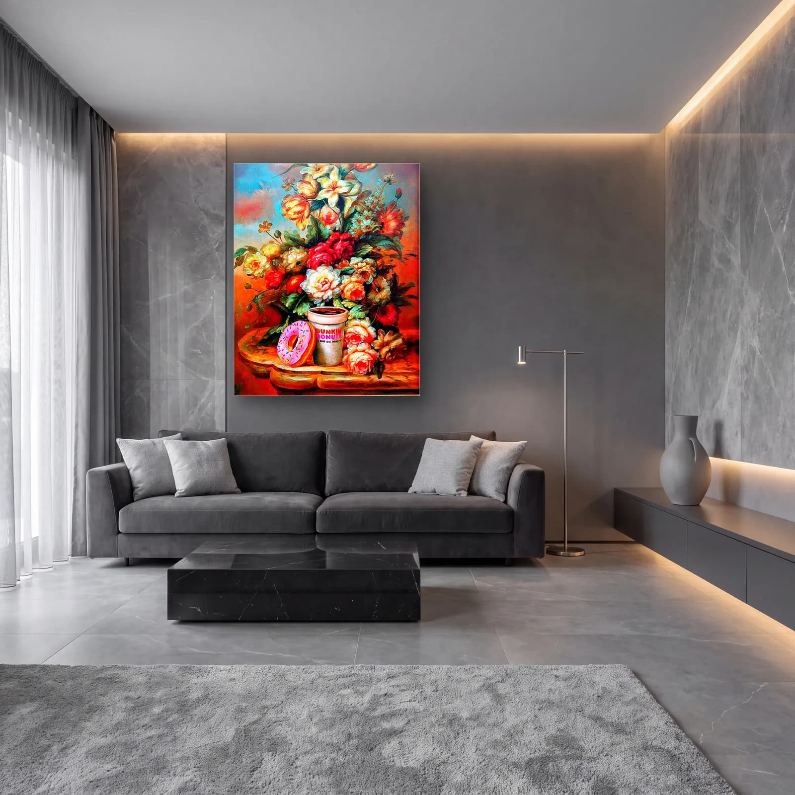 Donutlu Çiçek Natürmortu cam tablo — lüks salon duvarında