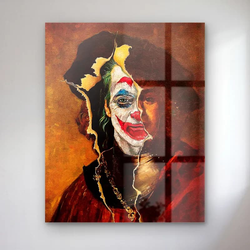 Joker Yüzlü Klasik Portre cam tablo — Kahverengi tonlu klasik portrede yırtık kâğıt altından görünen Joker makyajlı yüz