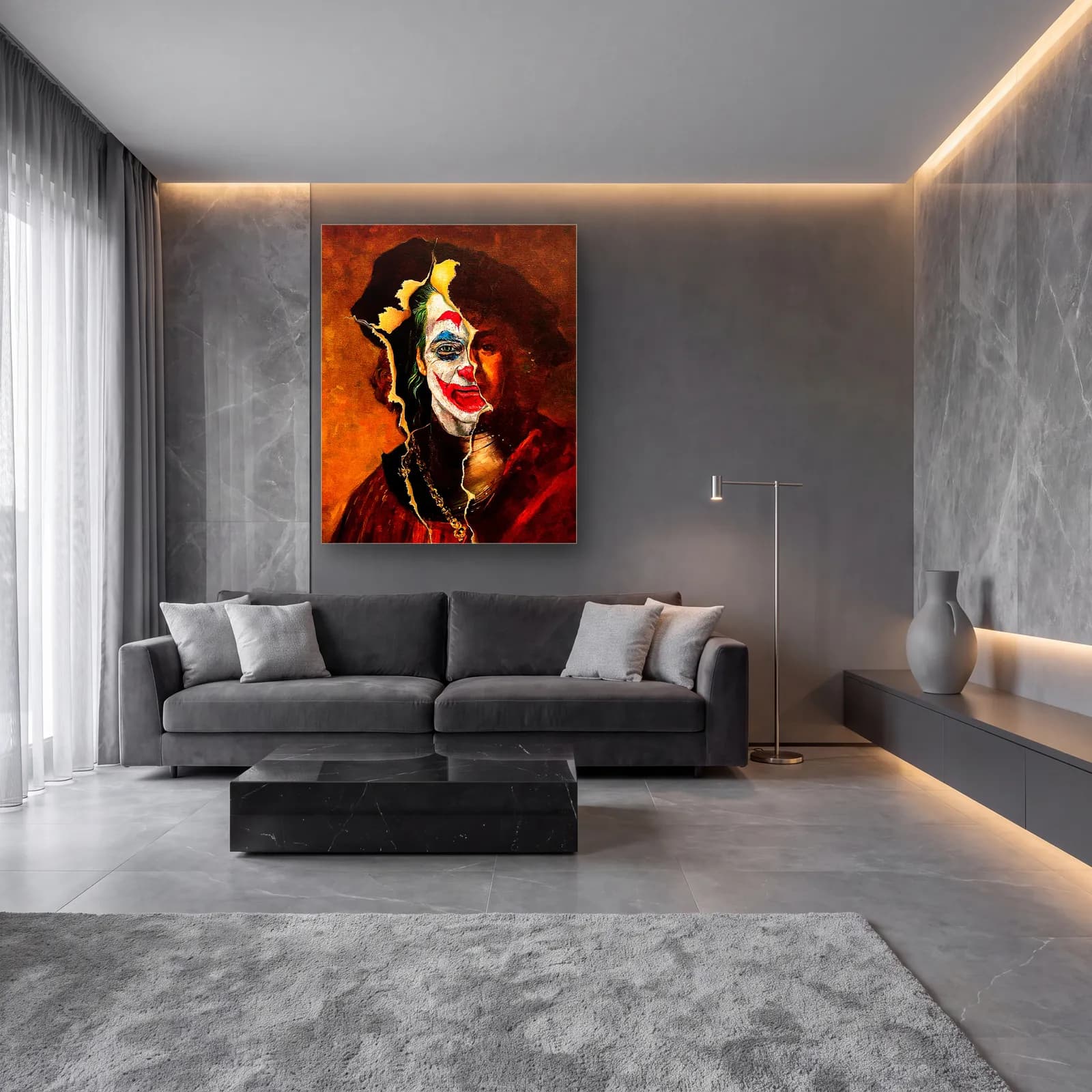 Joker Yüzlü Klasik Portre cam tablo — lüks salon duvarında
