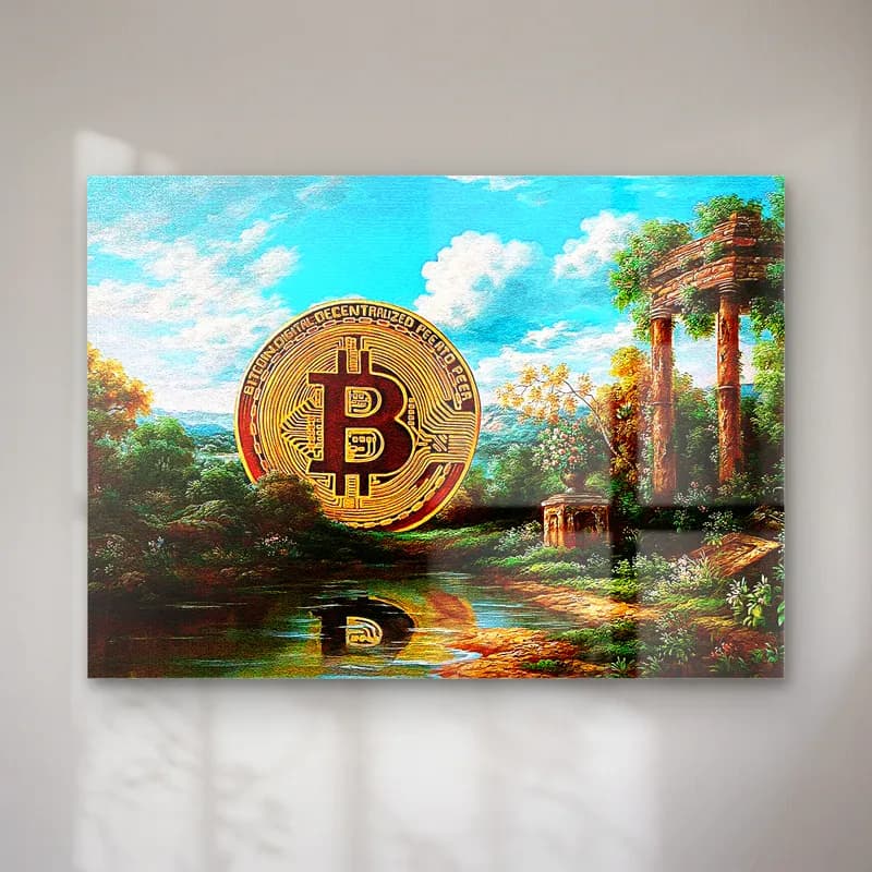 Klasik Manzarada Bitcoin cam tablo — Bulutlu gökyüzü ve antik sütunlu göl manzarasında suya yansıyan dev altın Bitcoin