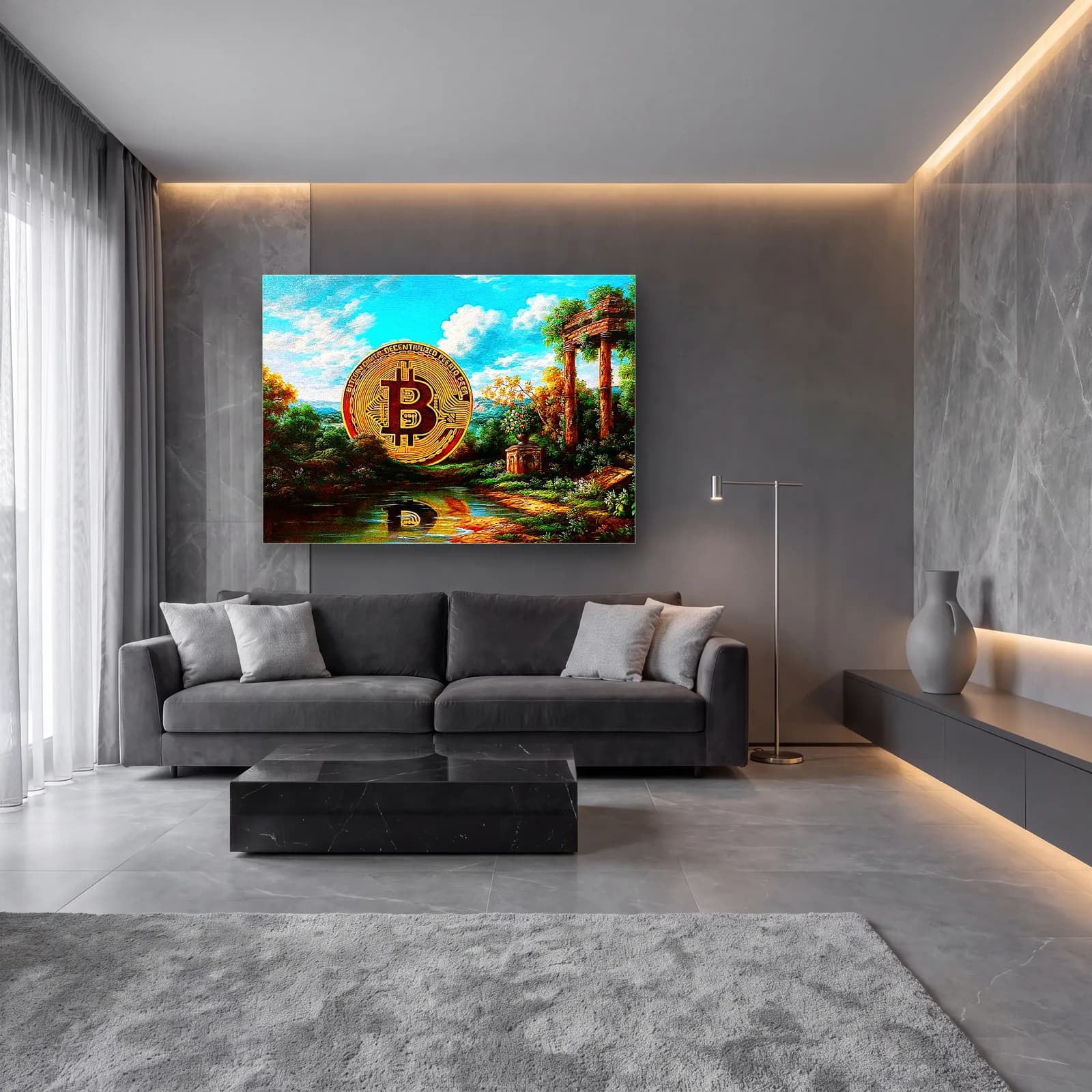 Klasik Manzarada Bitcoin cam tablo — lüks salon duvarında