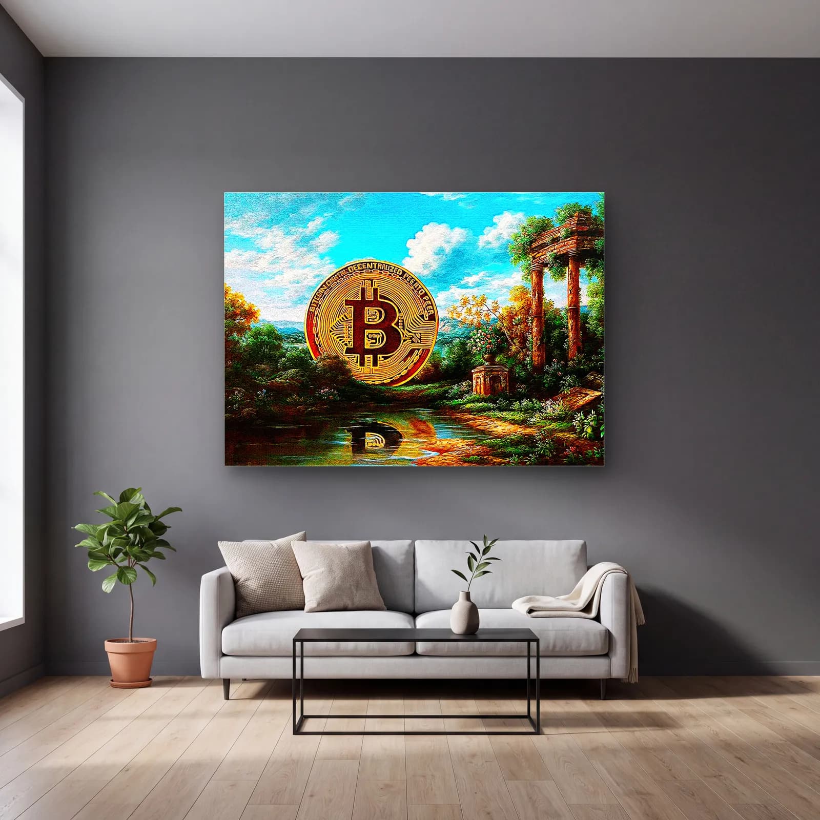Klasik Manzarada Bitcoin cam tablo — gri duvarlı salonda