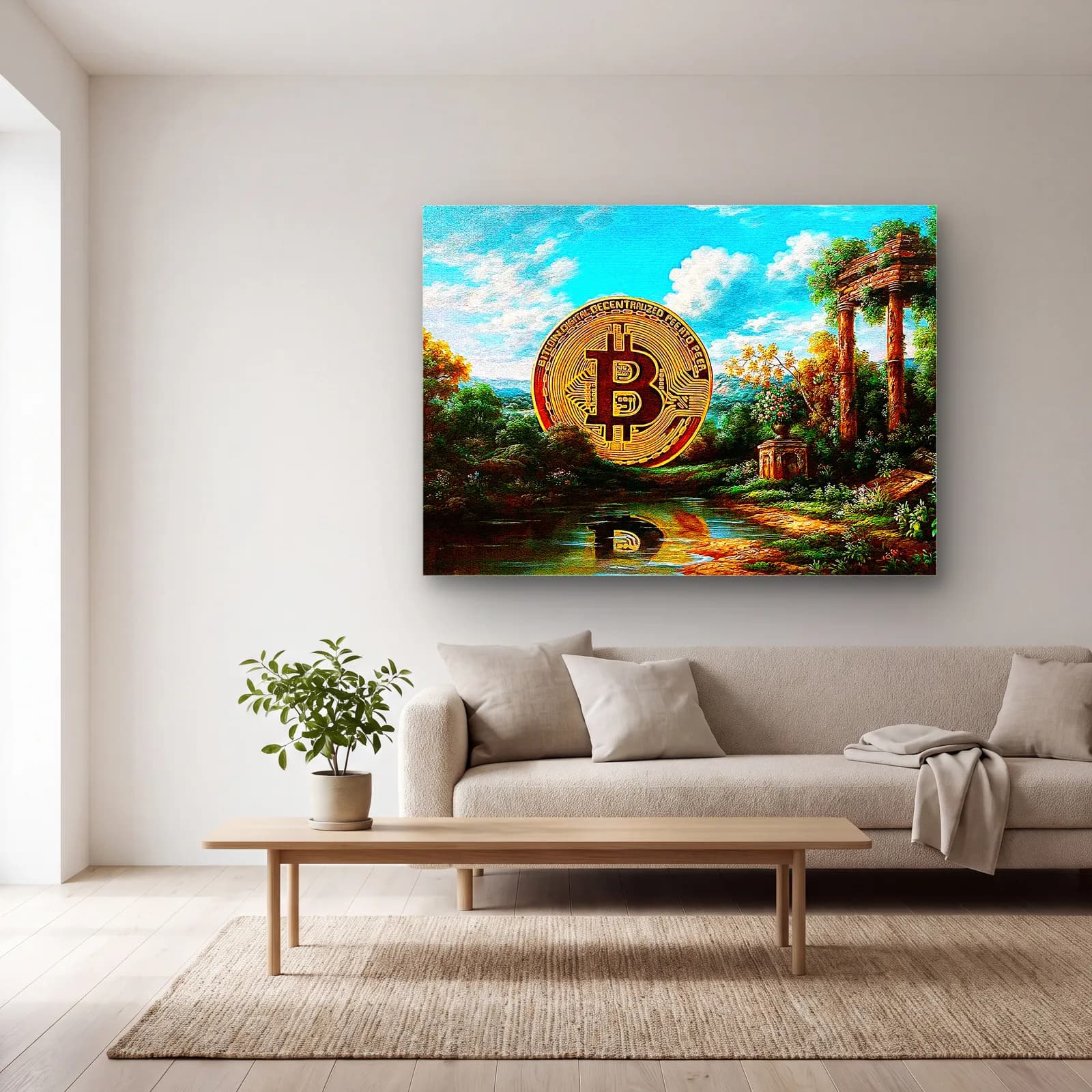 Klasik Manzarada Bitcoin cam tablo — açık renk salonda