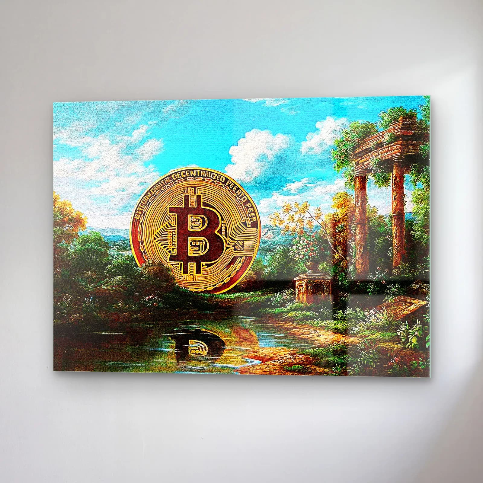 Klasik Manzarada Bitcoin cam tablo — sağ açıdan görünüm