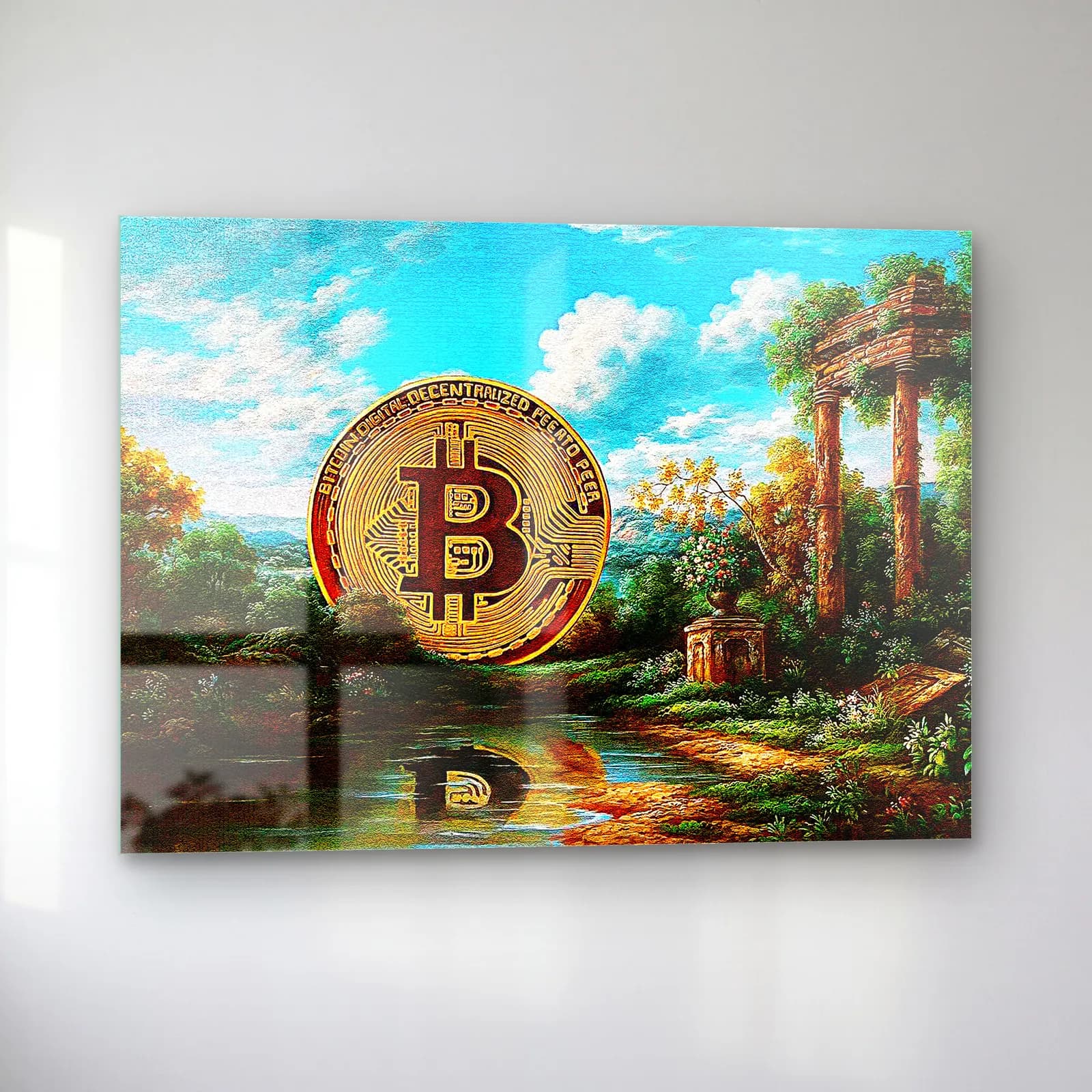 Klasik Manzarada Bitcoin cam tablo — sol açıdan görünüm