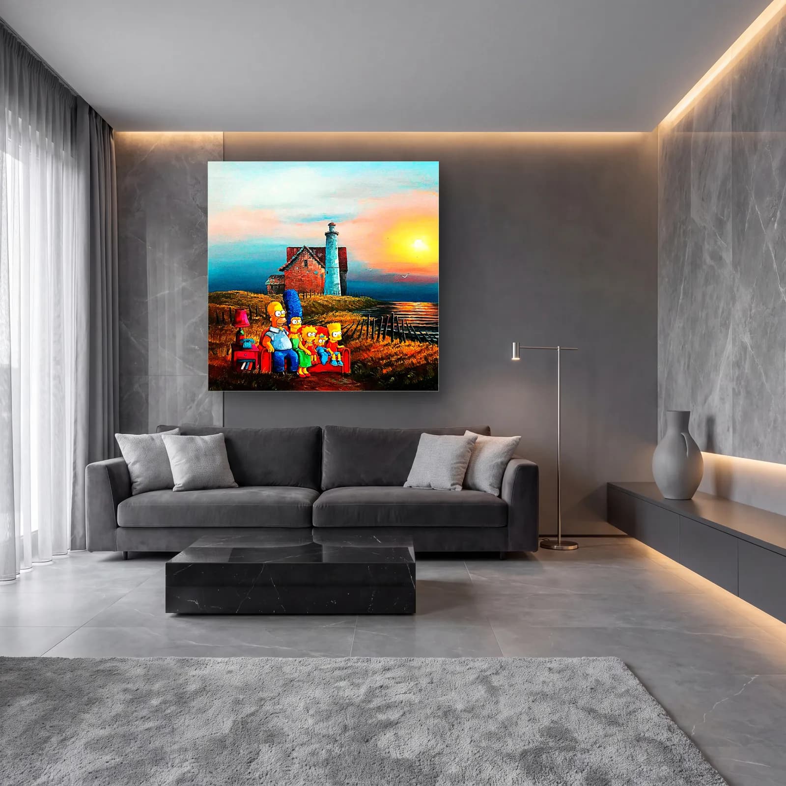 Deniz Fenerinde Simpsons Ailesi cam tablo — lüks salon duvarında