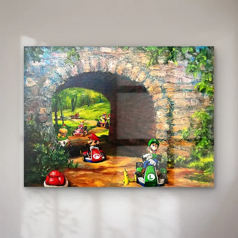 Taş Tünelde Mario Kart cam tablo — Sarmaşıklı taş kemer tünelden çıkan Mario Kart yarışçıları ve mantar