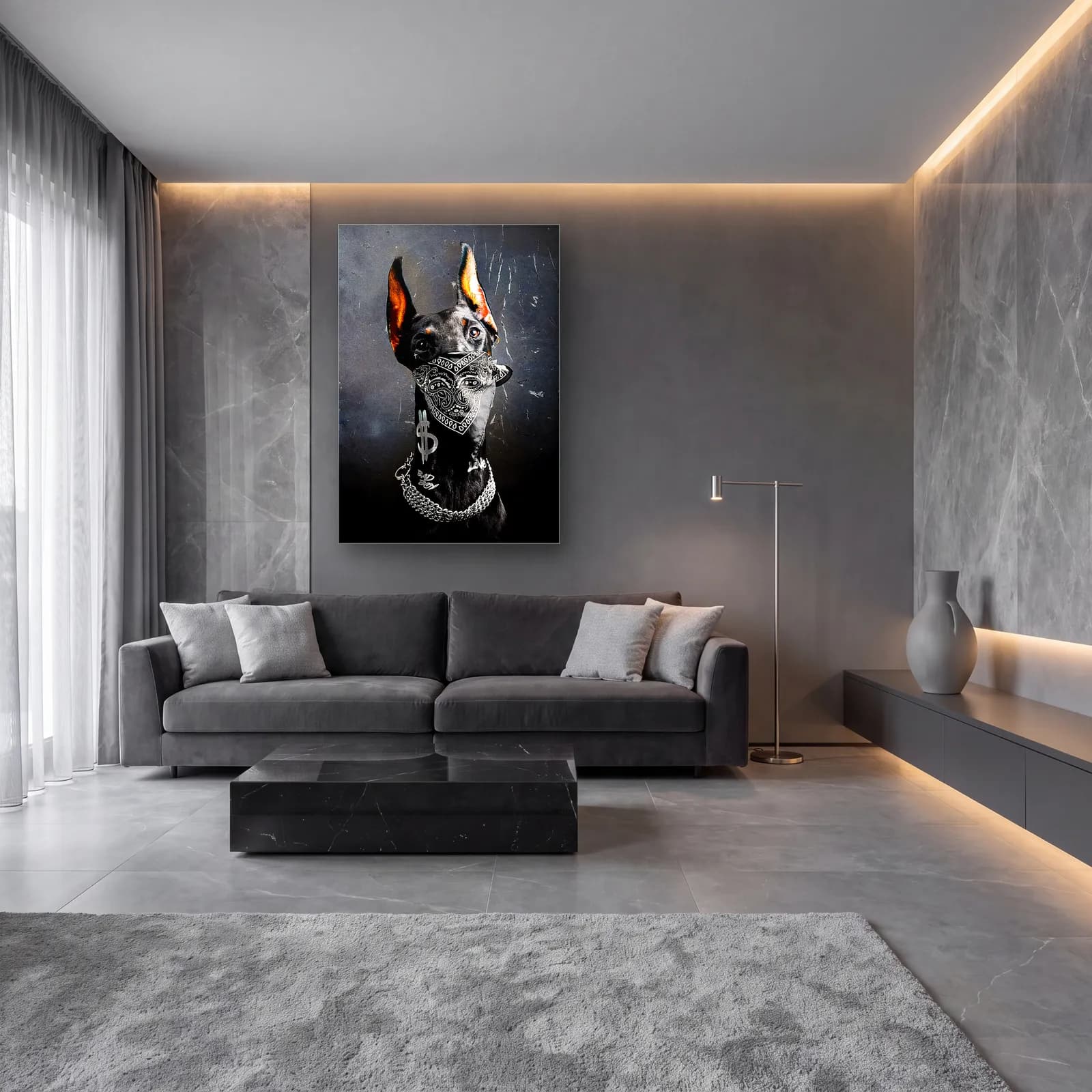 Bandanalı Doberman Portresi cam tablo — lüks salon duvarında