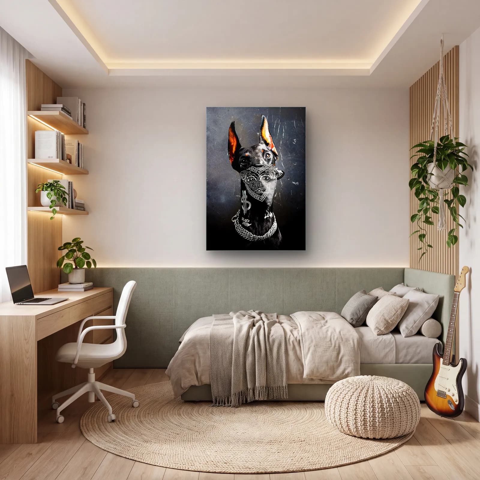 Bandanalı Doberman Portresi cam tablo — genç odasında