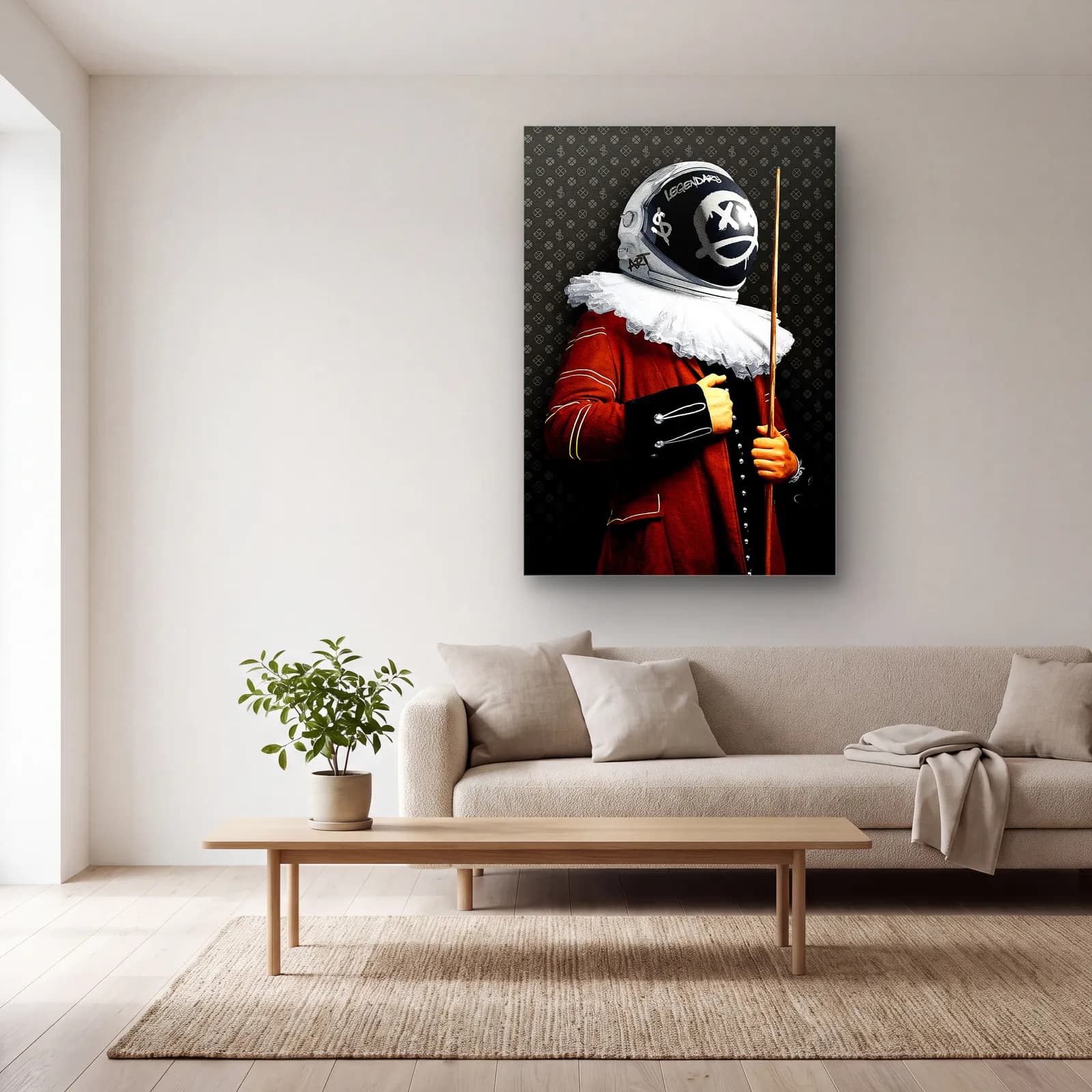 Astronot Kasklı Rönesans Portre cam tablo — açık renk salonda