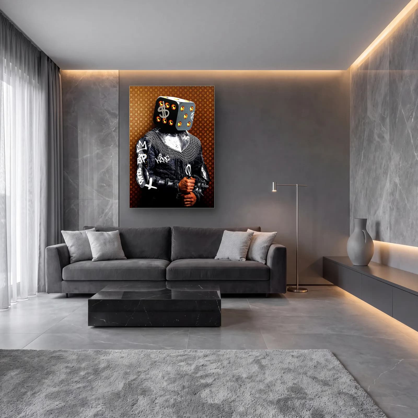Zar Kafalı Zincir Zırhlı Kral cam tablo — lüks salon duvarında