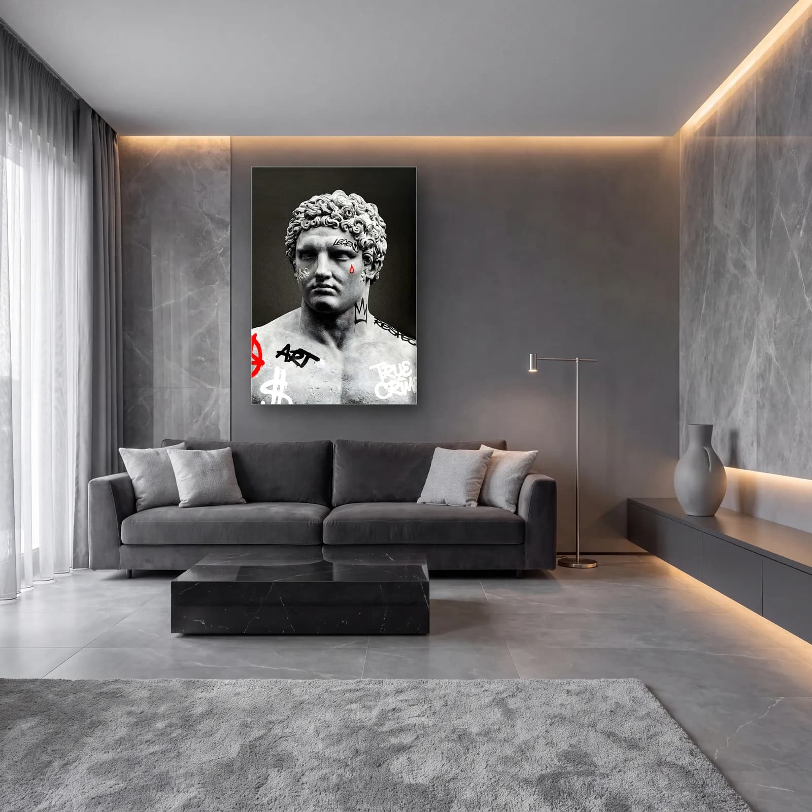 Grafitili Antik Erkek Heykeli cam tablo — lüks salon duvarında