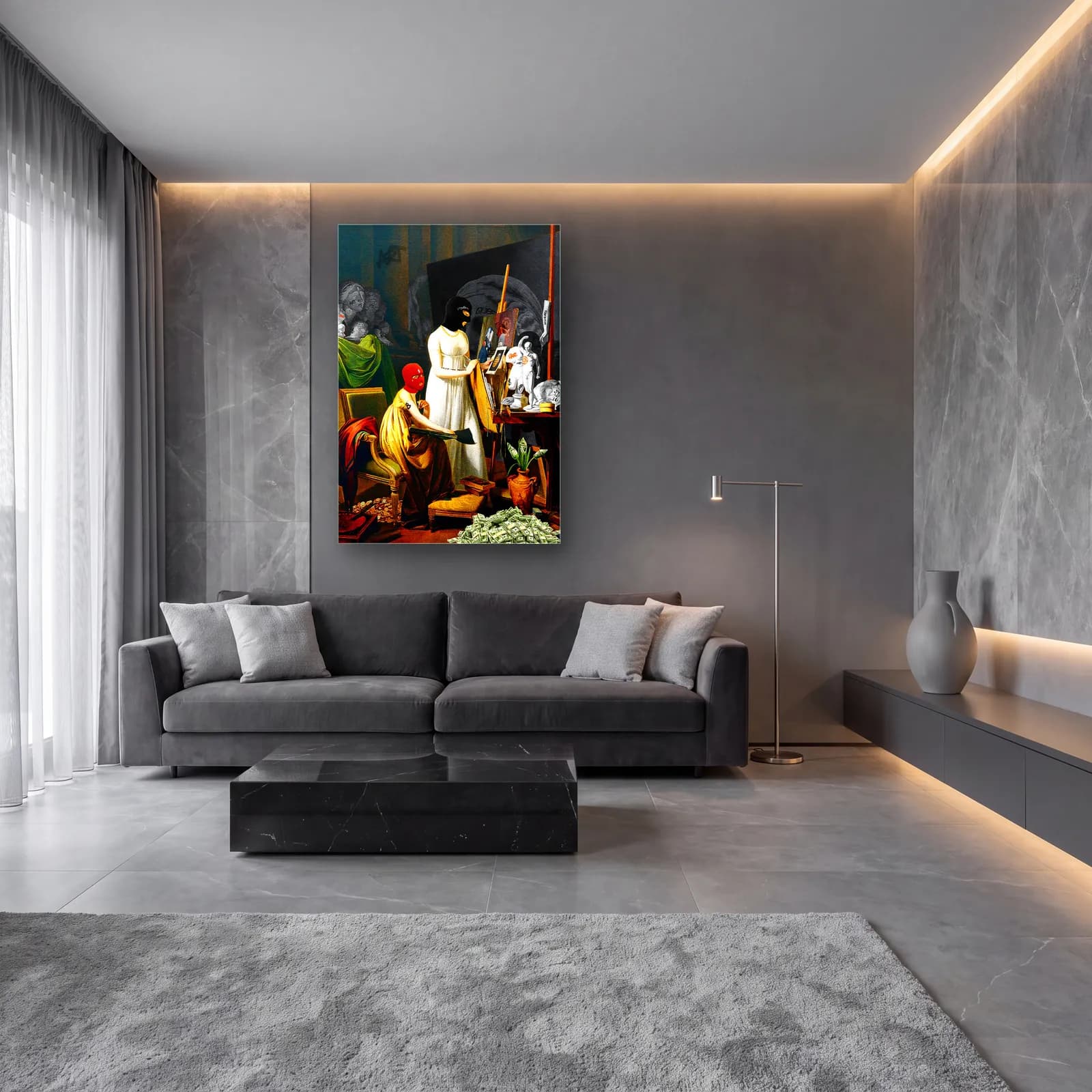Maskeli Ressam Atölyesi cam tablo — lüks salon duvarında