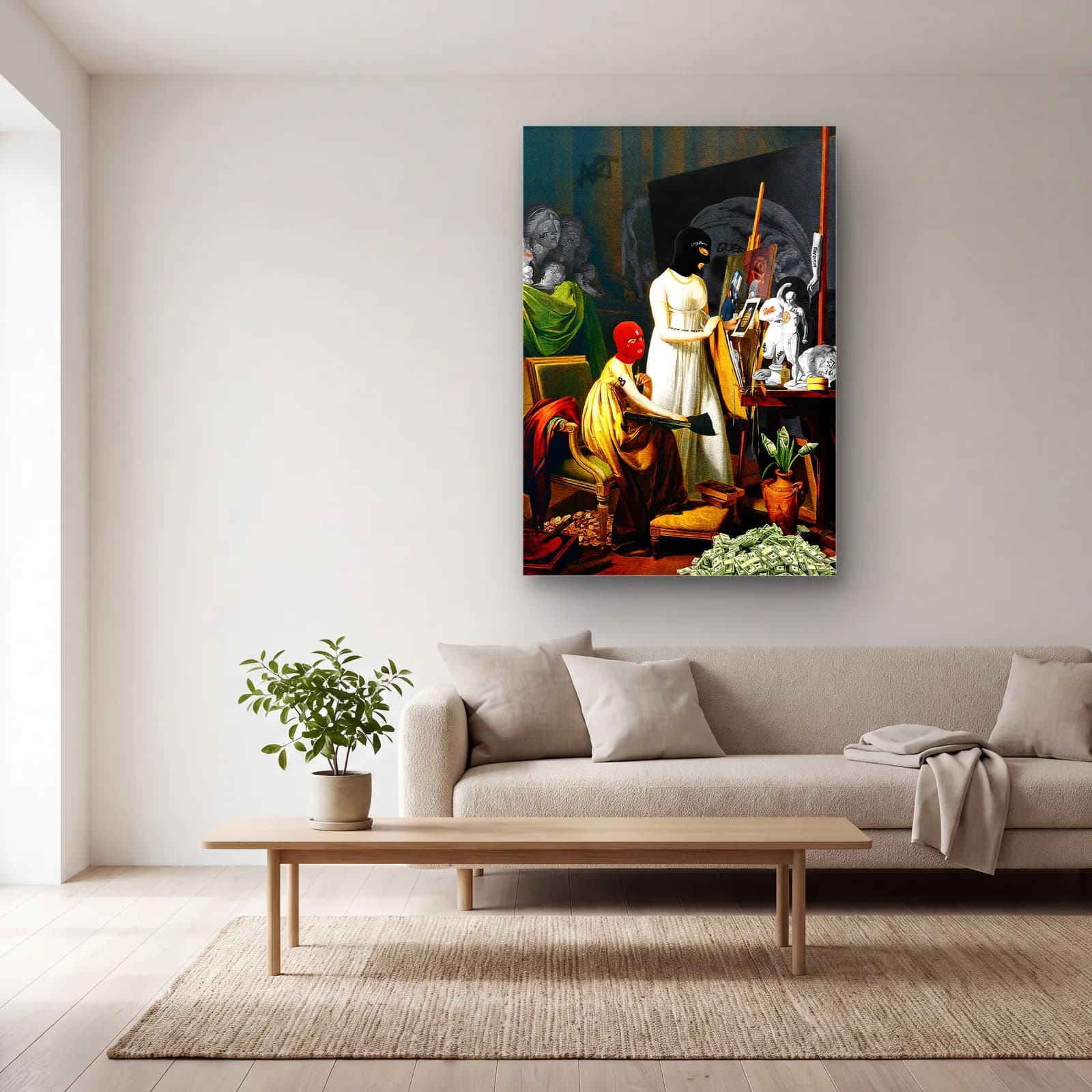 Maskeli Ressam Atölyesi cam tablo — açık renk salonda