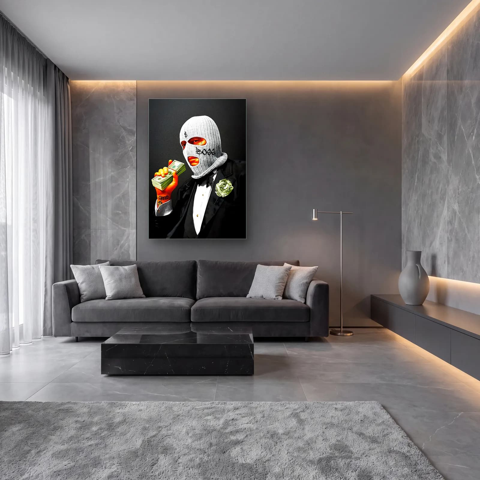 Beyaz Maskeli Boss Para Destesiyle cam tablo — lüks salon duvarında