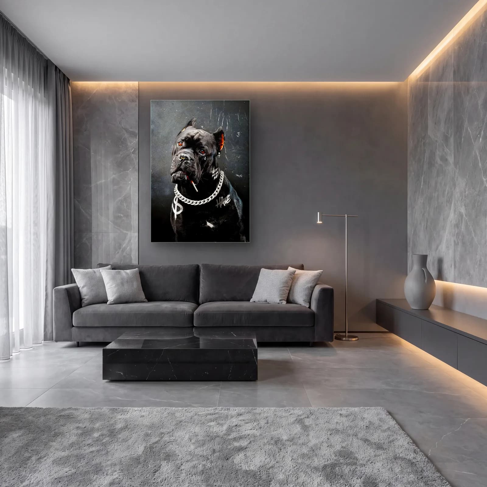 Sigaralı Cane Corso Portresi cam tablo — lüks salon duvarında