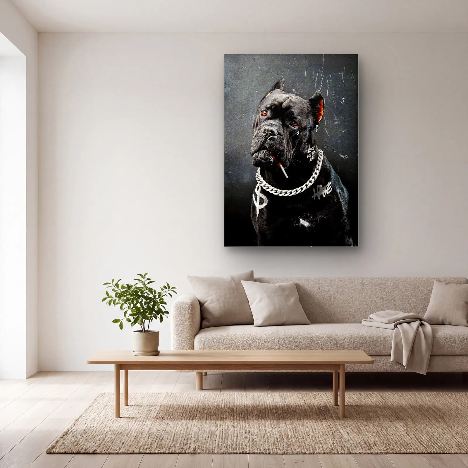 Sigaralı Cane Corso Portresi cam tablo — açık renk salonda