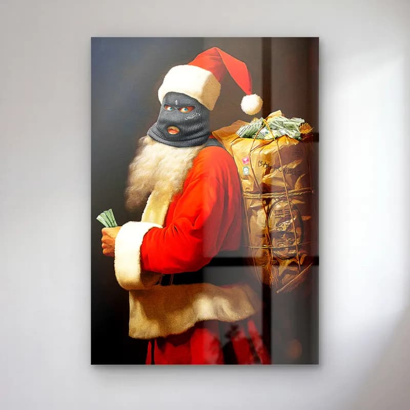 Kar Maskeli Noel Baba cam tablo — Koyu fonda siyah kar maskeli, kırmızı kıyafetli Noel Baba elinde para ve çuval