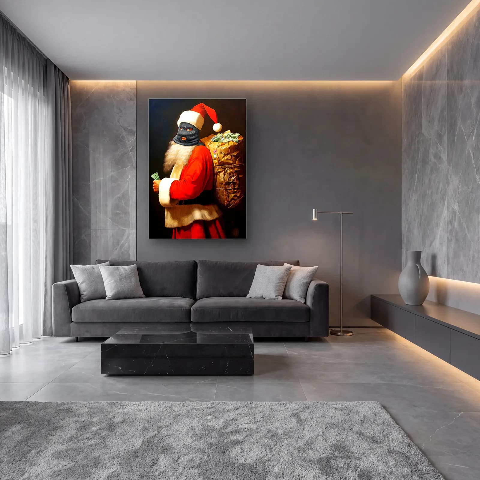 Kar Maskeli Noel Baba cam tablo — lüks salon duvarında
