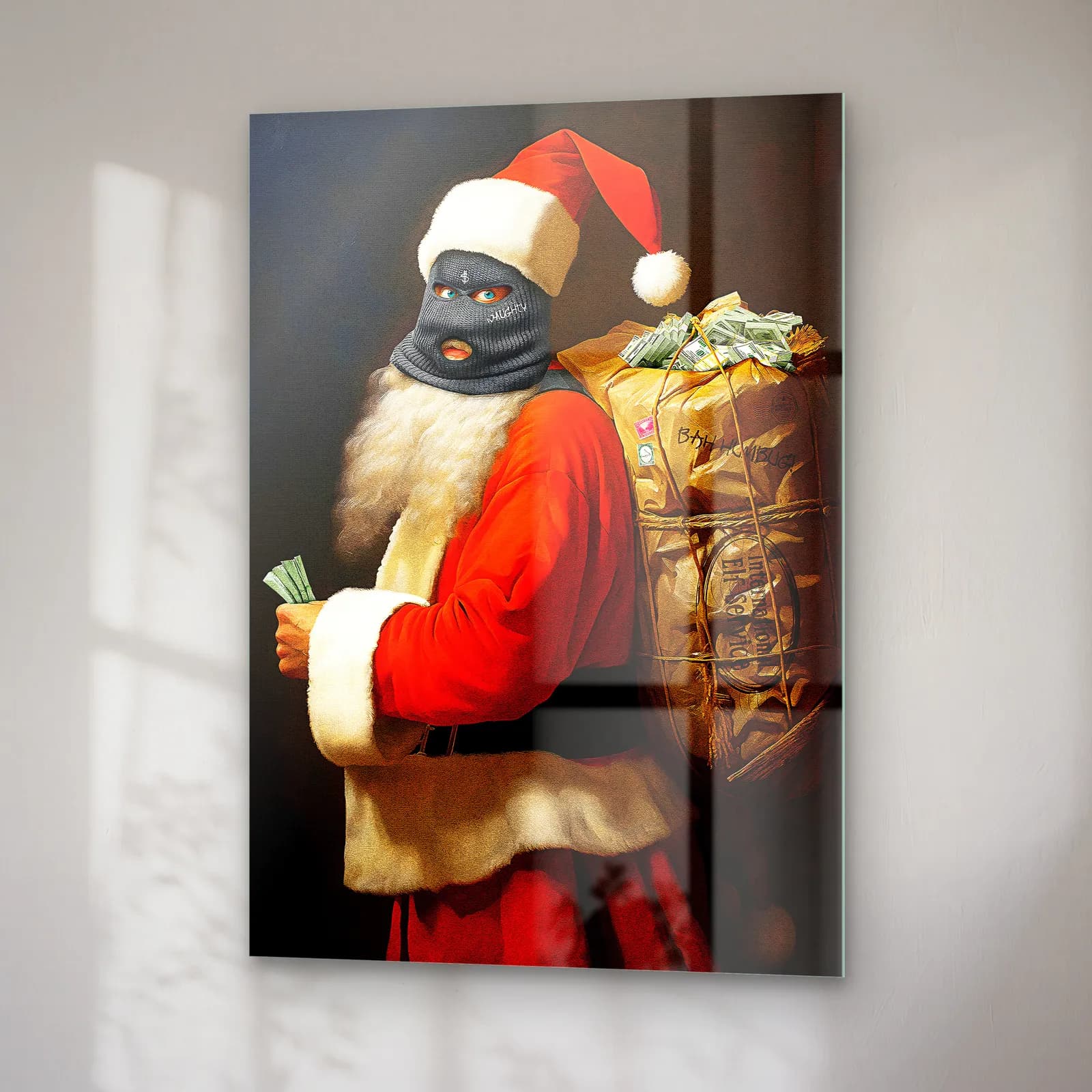 Kar Maskeli Noel Baba cam tablo — sağ açıdan görünüm
