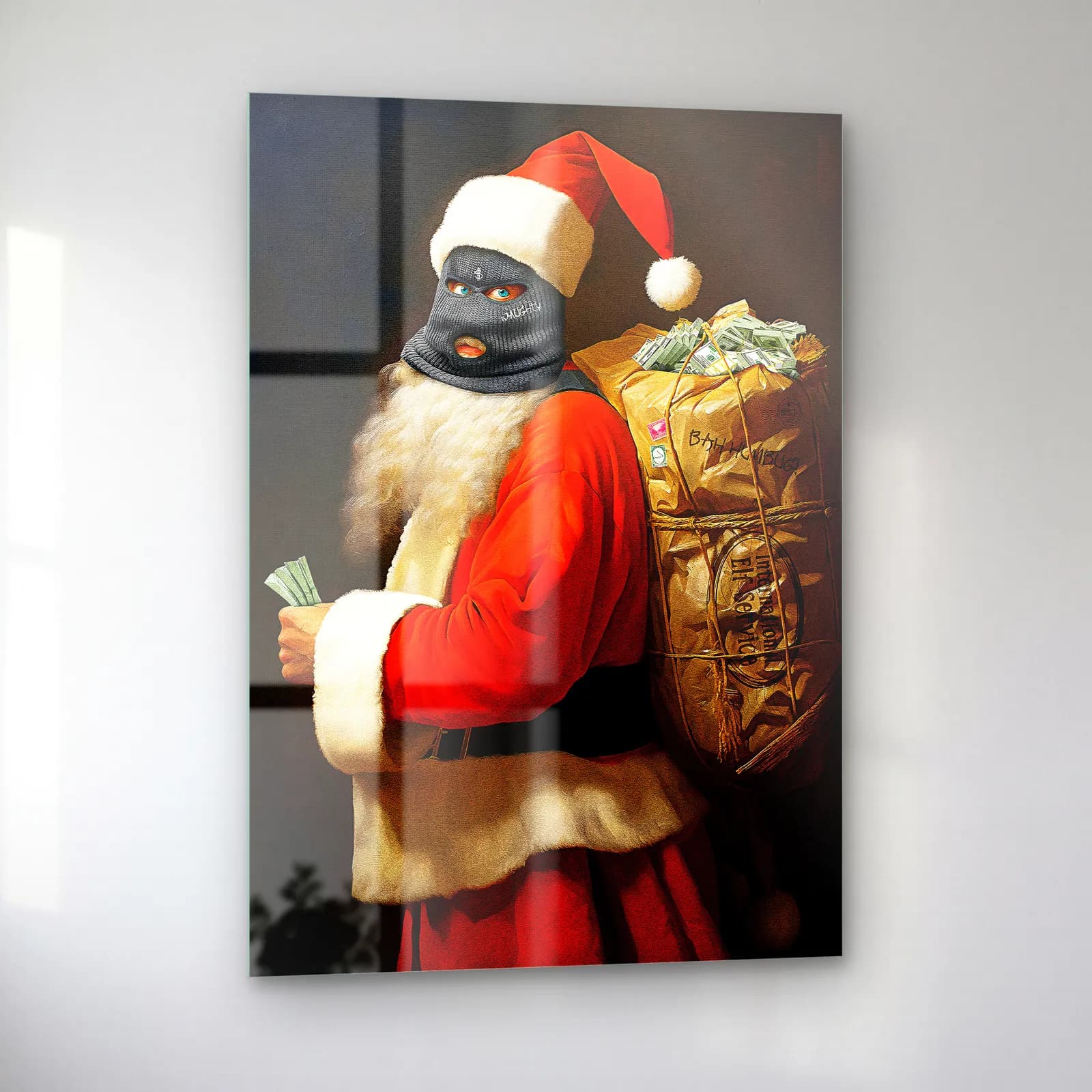 Kar Maskeli Noel Baba cam tablo — sol açıdan görünüm