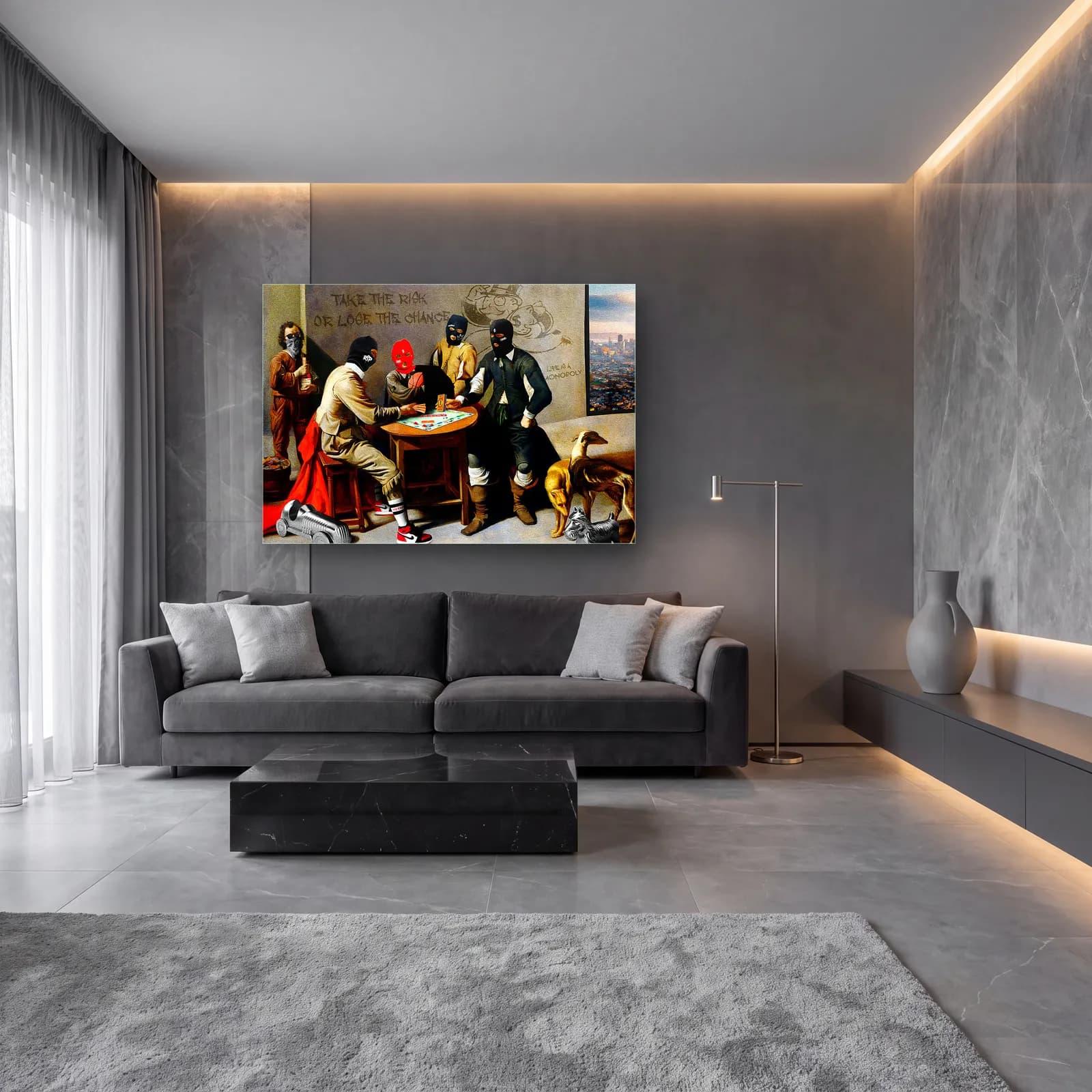Maskeli Kumarbazlar Klasik Sahne cam tablo — lüks salon duvarında