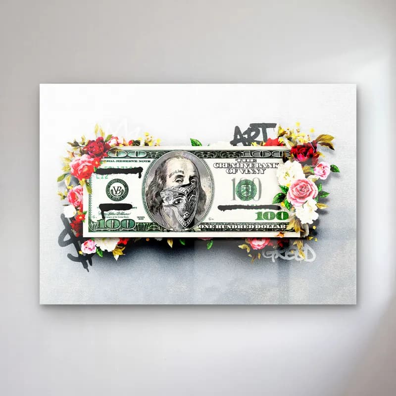Bandanalı Franklin 100 Dolar cam tablo — Beyaz fonda güller ve grafitilerle çevrili, Franklin portresi bandanalı 100 dolar banknotu