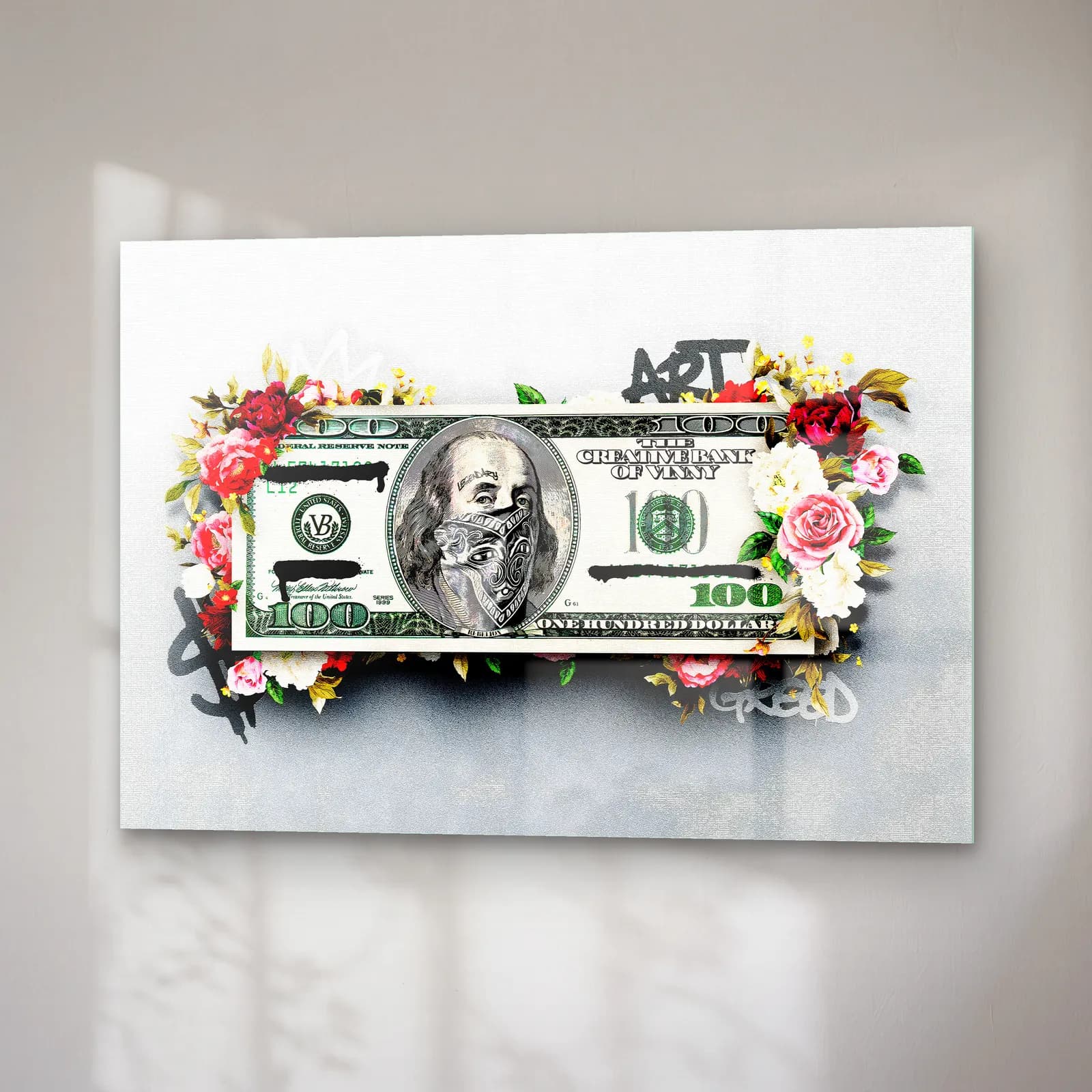 Bandanalı Franklin 100 Dolar cam tablo — sağ açıdan görünüm
