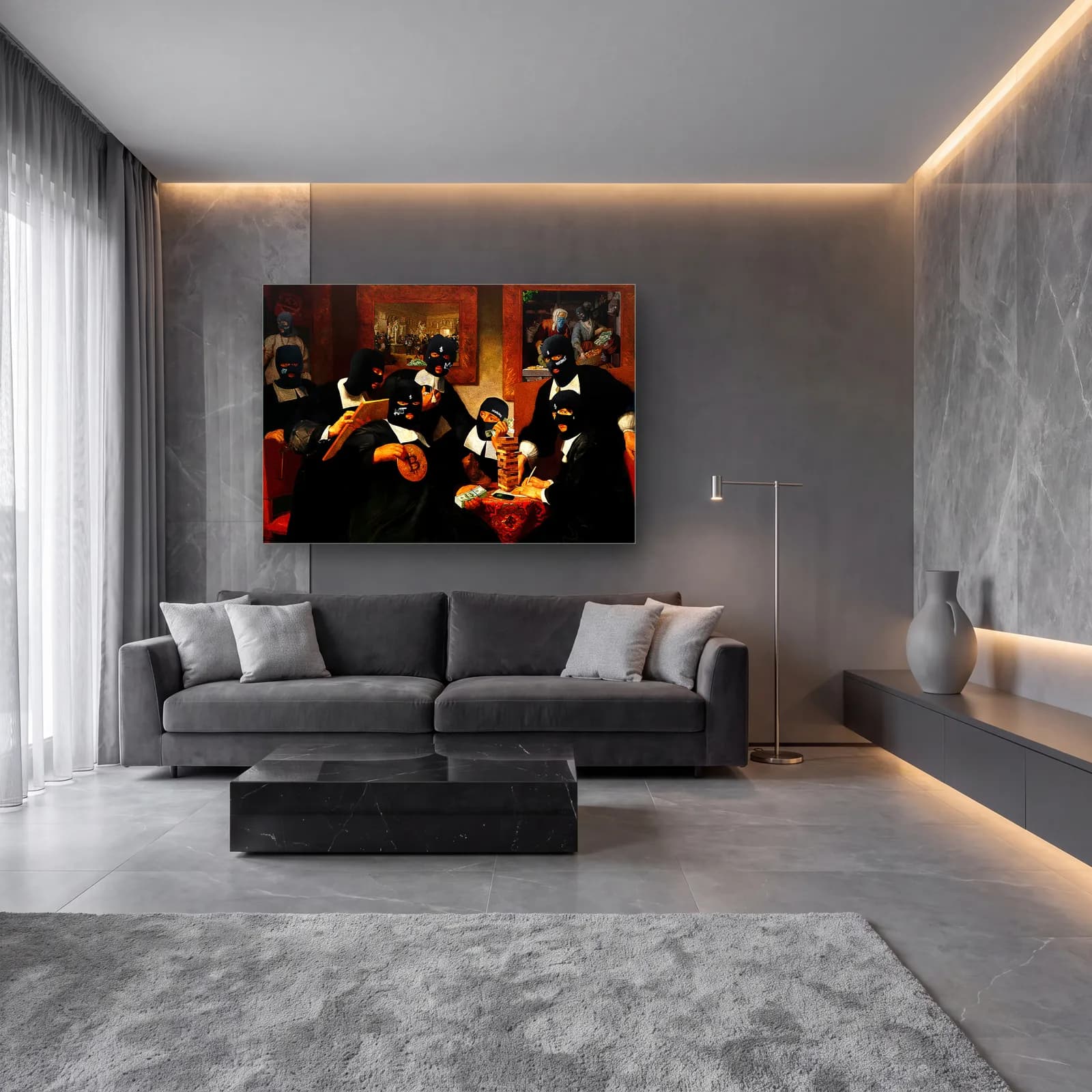 Maskeli Lonca Toplantısı cam tablo — lüks salon duvarında