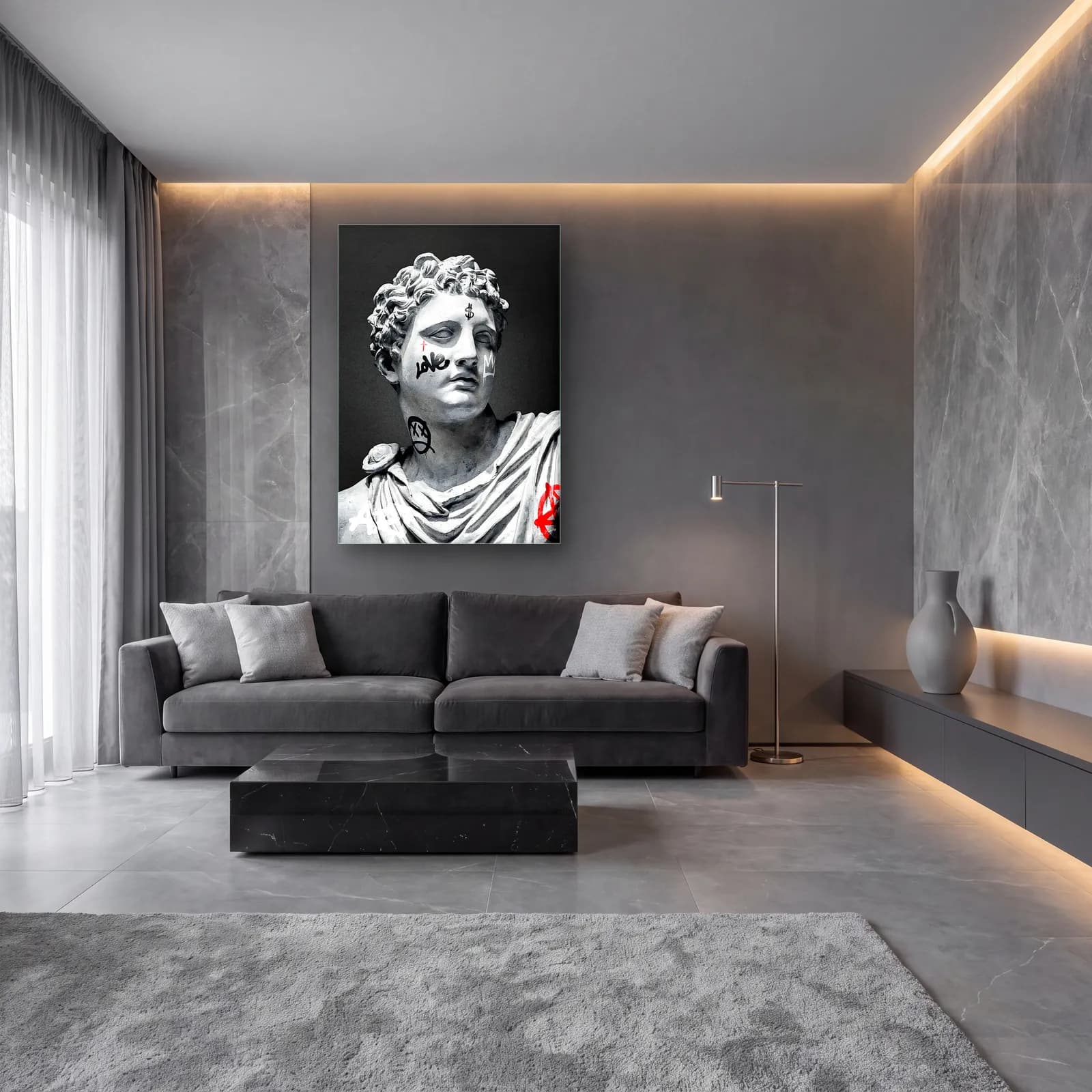 Love Grafitili Antik Büst cam tablo — lüks salon duvarında