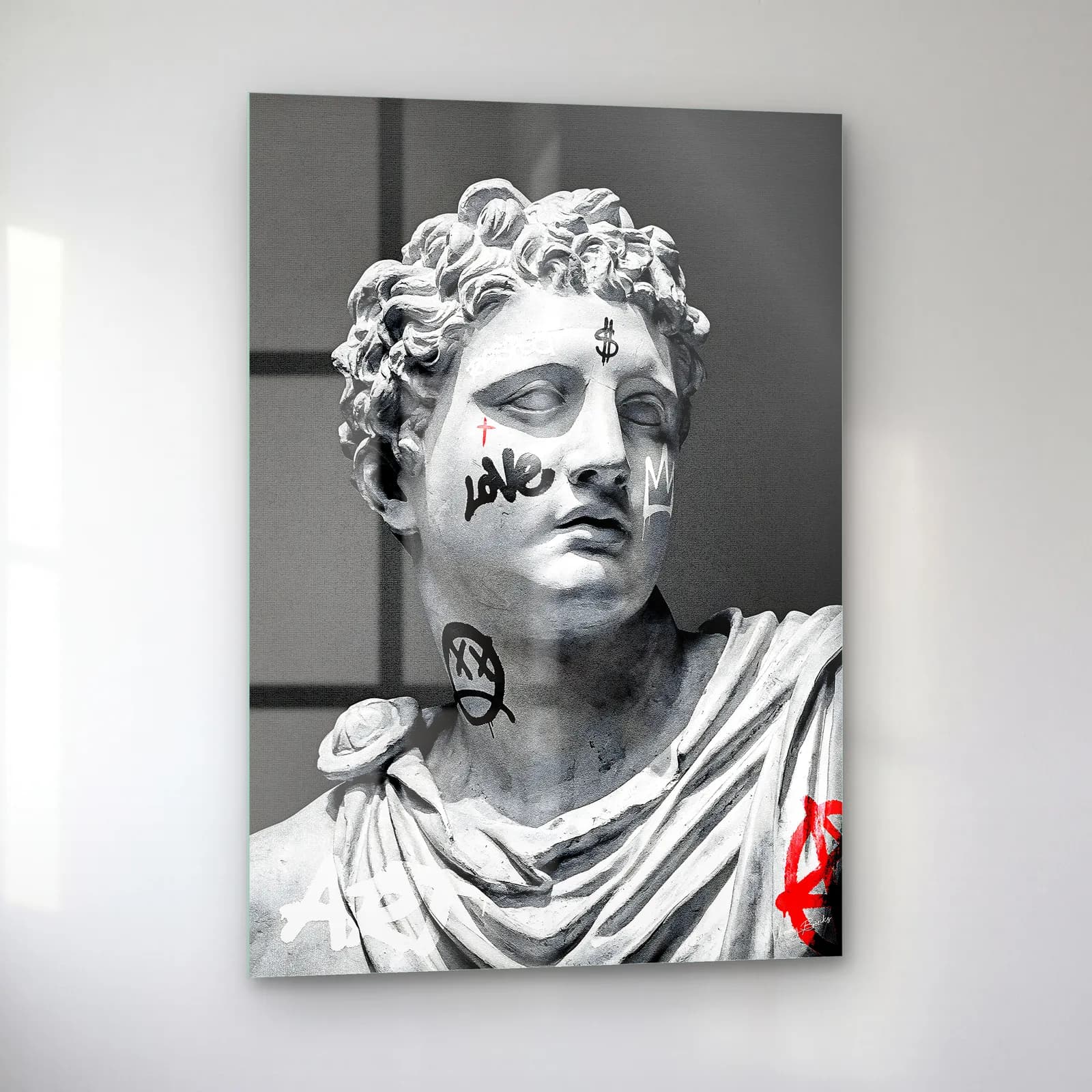 Love Grafitili Antik Büst cam tablo — sol açıdan görünüm