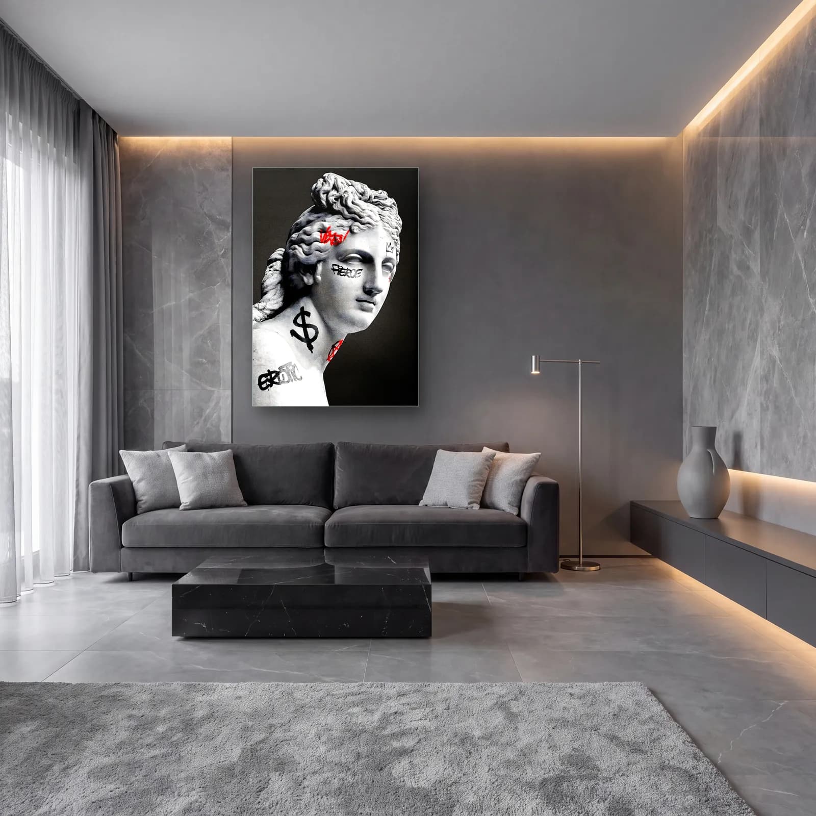 Greed Grafitili Venüs Büstü cam tablo — lüks salon duvarında