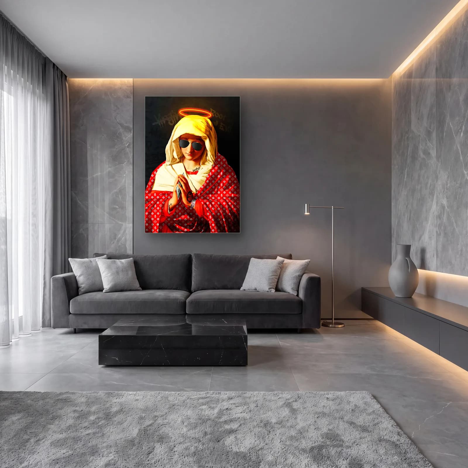 Güneş Gözlüklü Madonna cam tablo — lüks salon duvarında