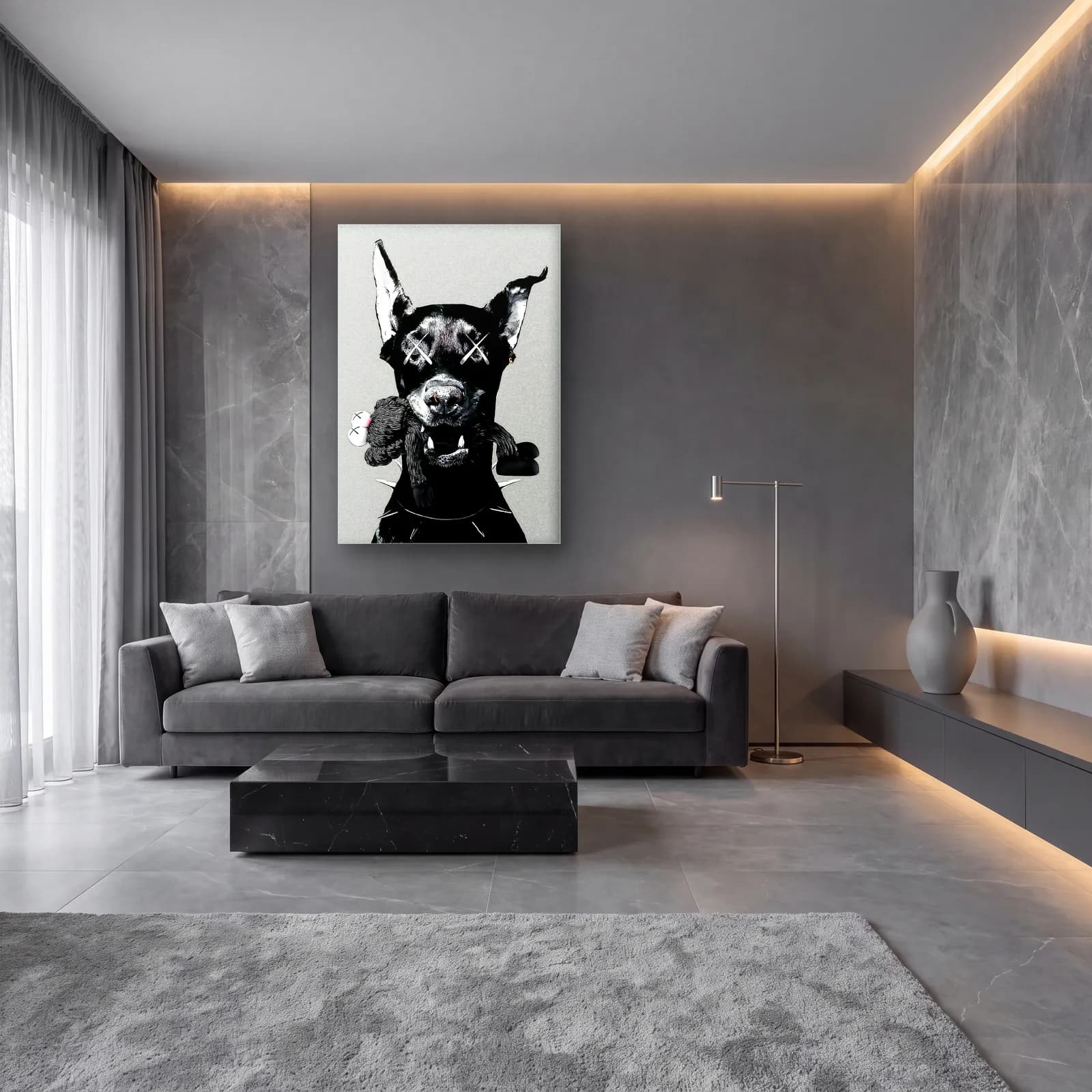 X Gözlü Doberman ve Oyuncak Ayı cam tablo — lüks salon duvarında