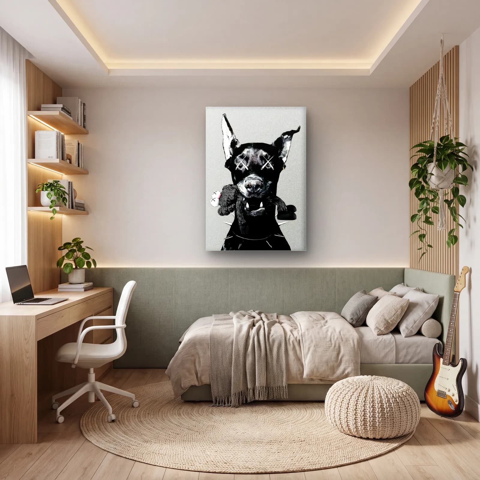 X Gözlü Doberman ve Oyuncak Ayı cam tablo — genç odasında