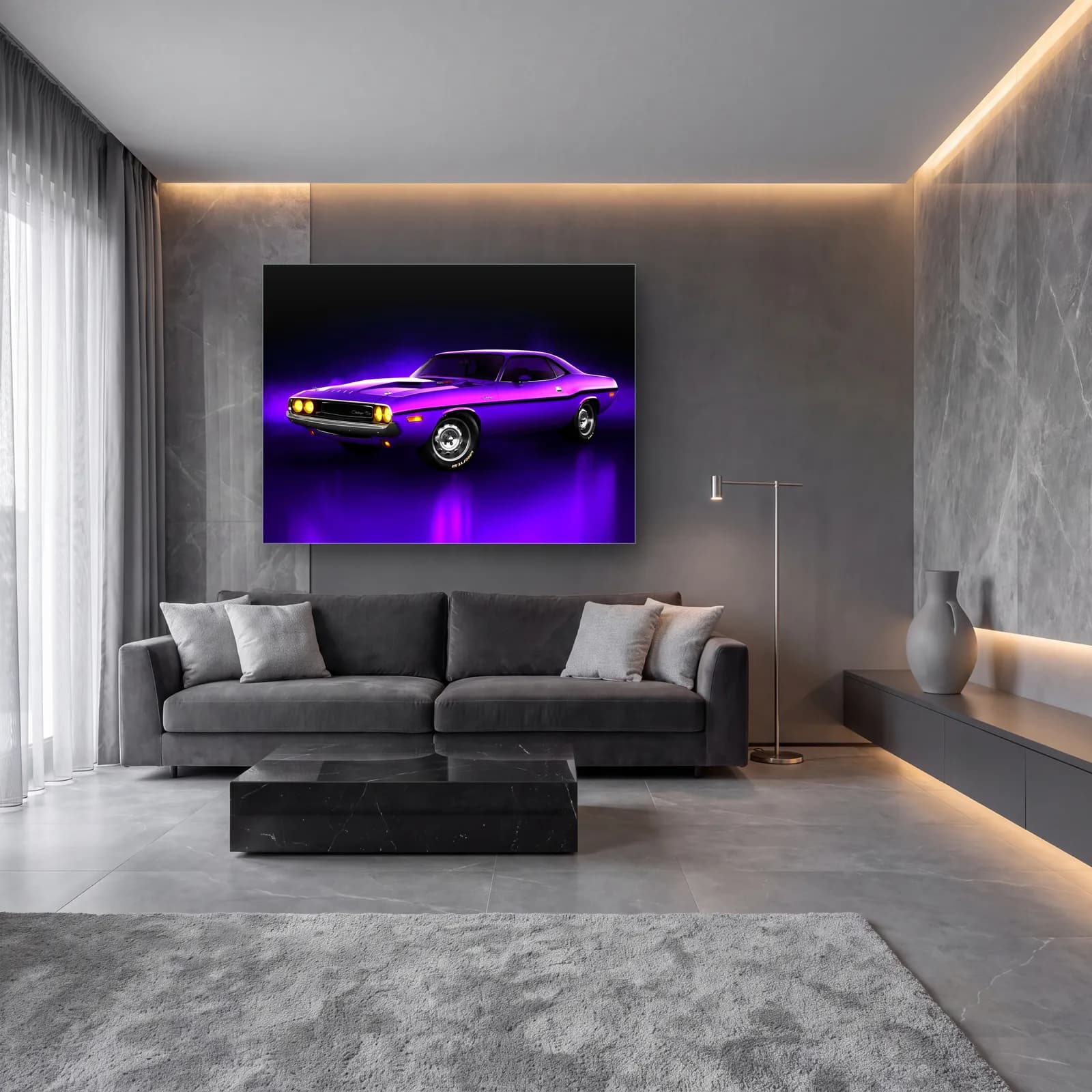 Mor Dodge Challenger cam tablo — lüks salon duvarında