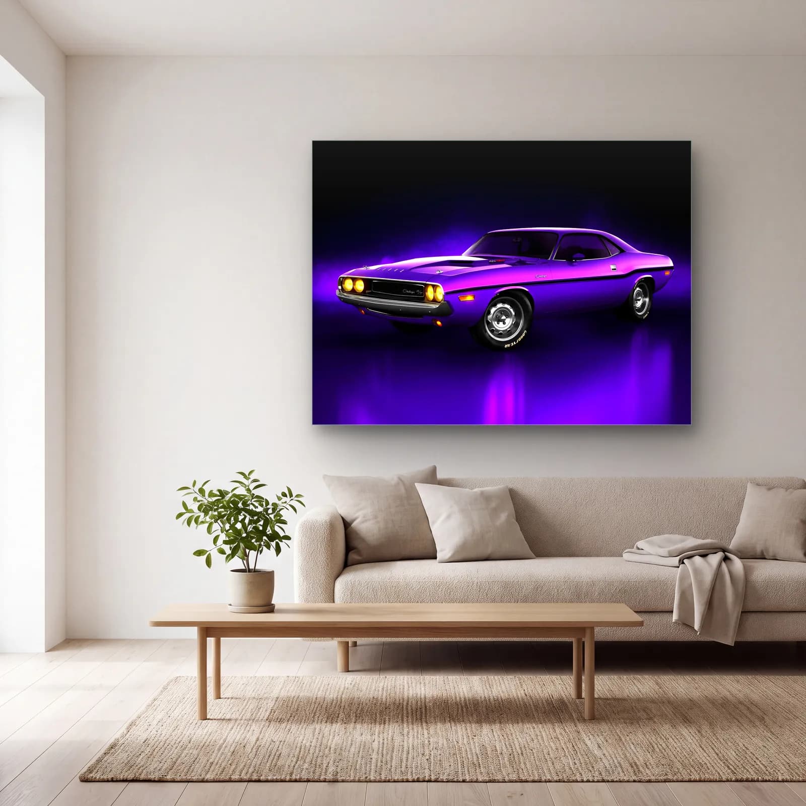 Mor Dodge Challenger cam tablo — açık renk salonda