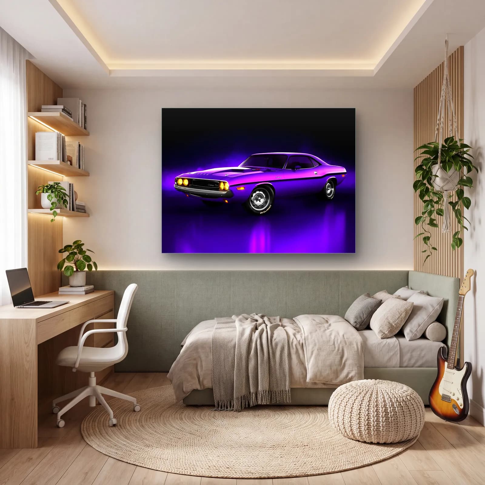 Mor Dodge Challenger cam tablo — genç odasında