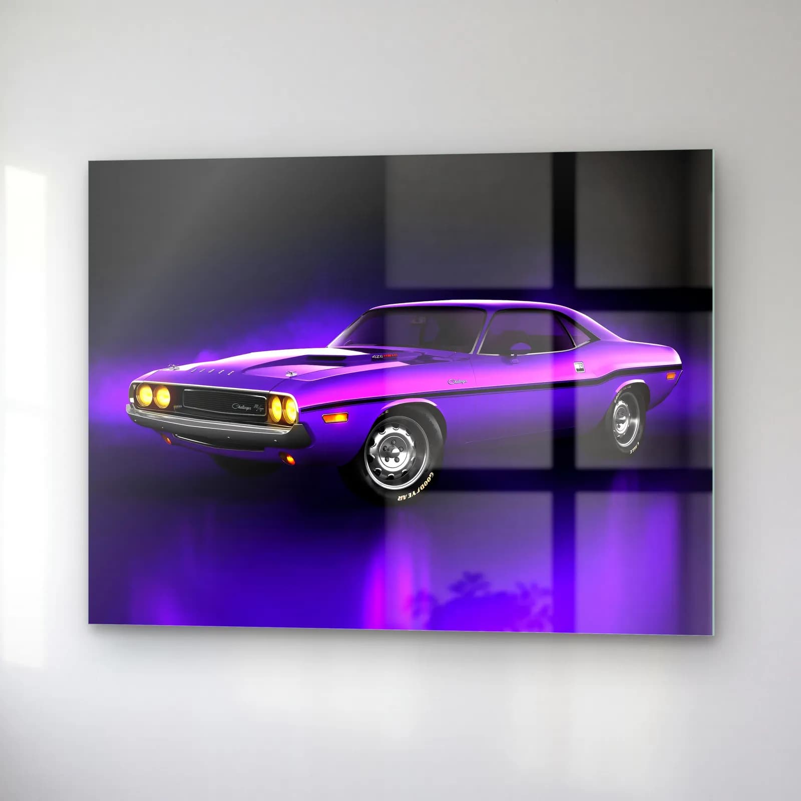 Mor Dodge Challenger cam tablo — sağ açıdan görünüm
