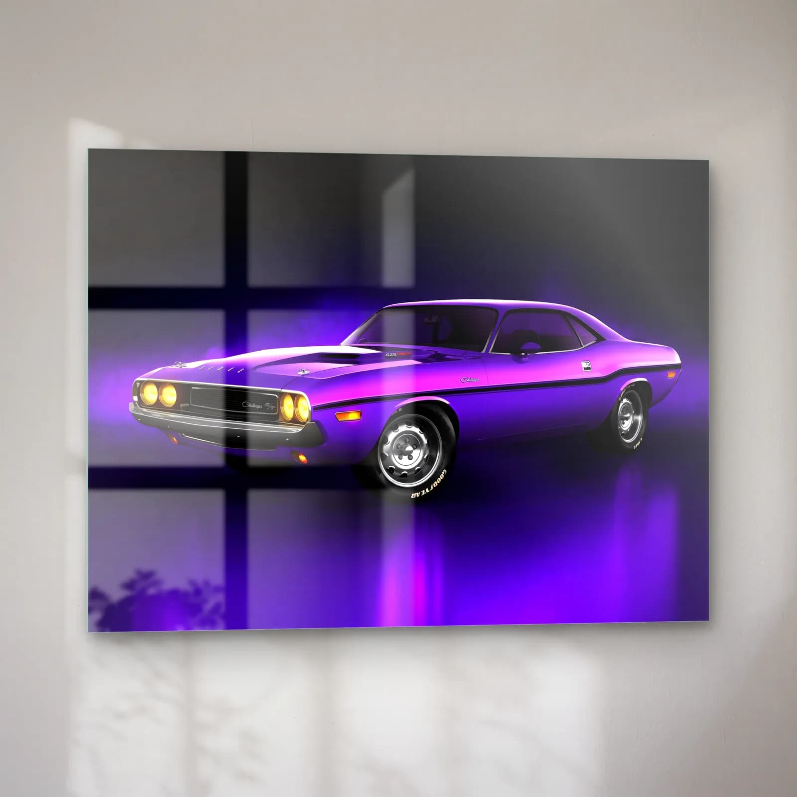 Mor Dodge Challenger cam tablo — sol açıdan görünüm
