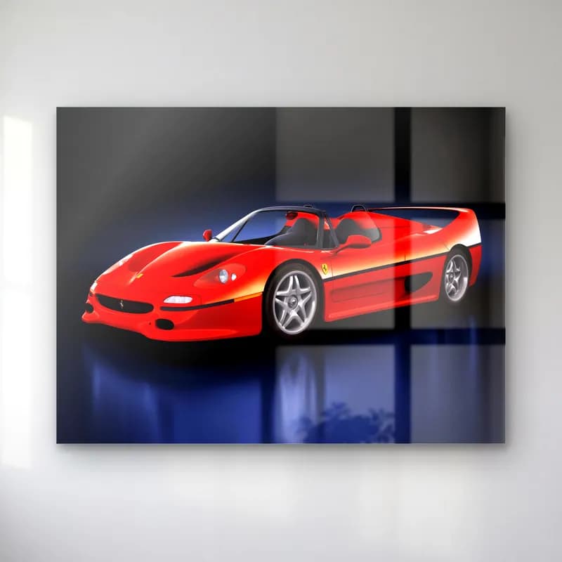 Kırmızı Ferrari F50 cam tablo — Gri stüdyo fonunda yansımasıyla duran kırmızı Ferrari F50