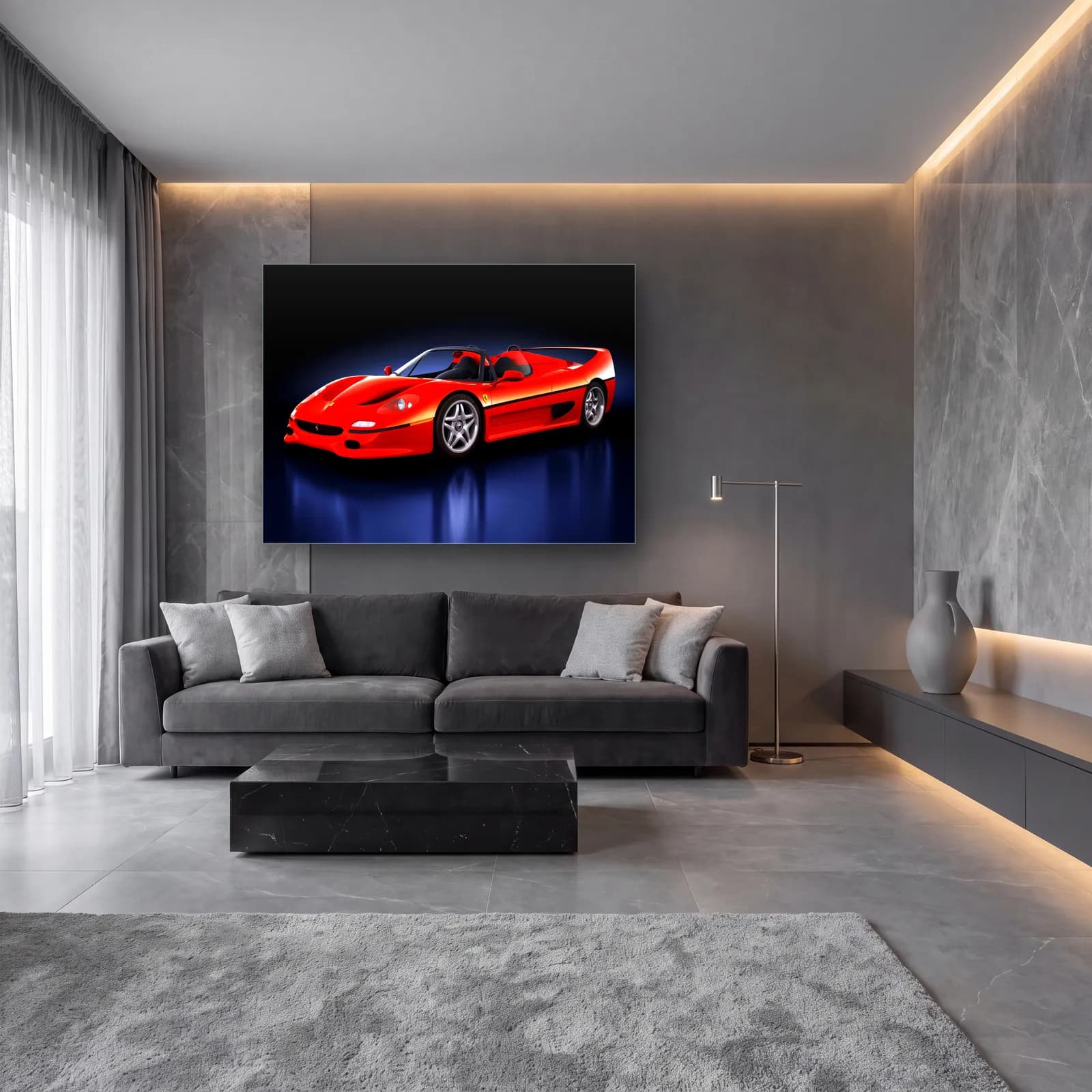 Kırmızı Ferrari F50 cam tablo — lüks salon duvarında