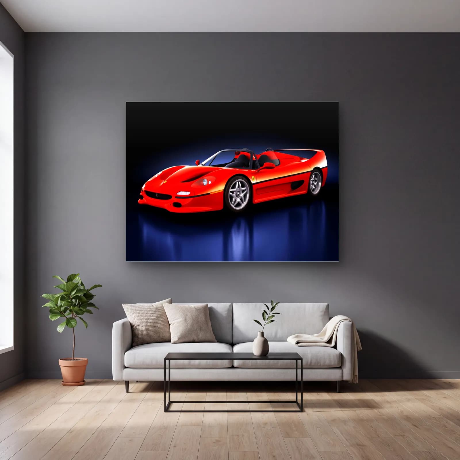 Kırmızı Ferrari F50 cam tablo — gri duvarlı salonda