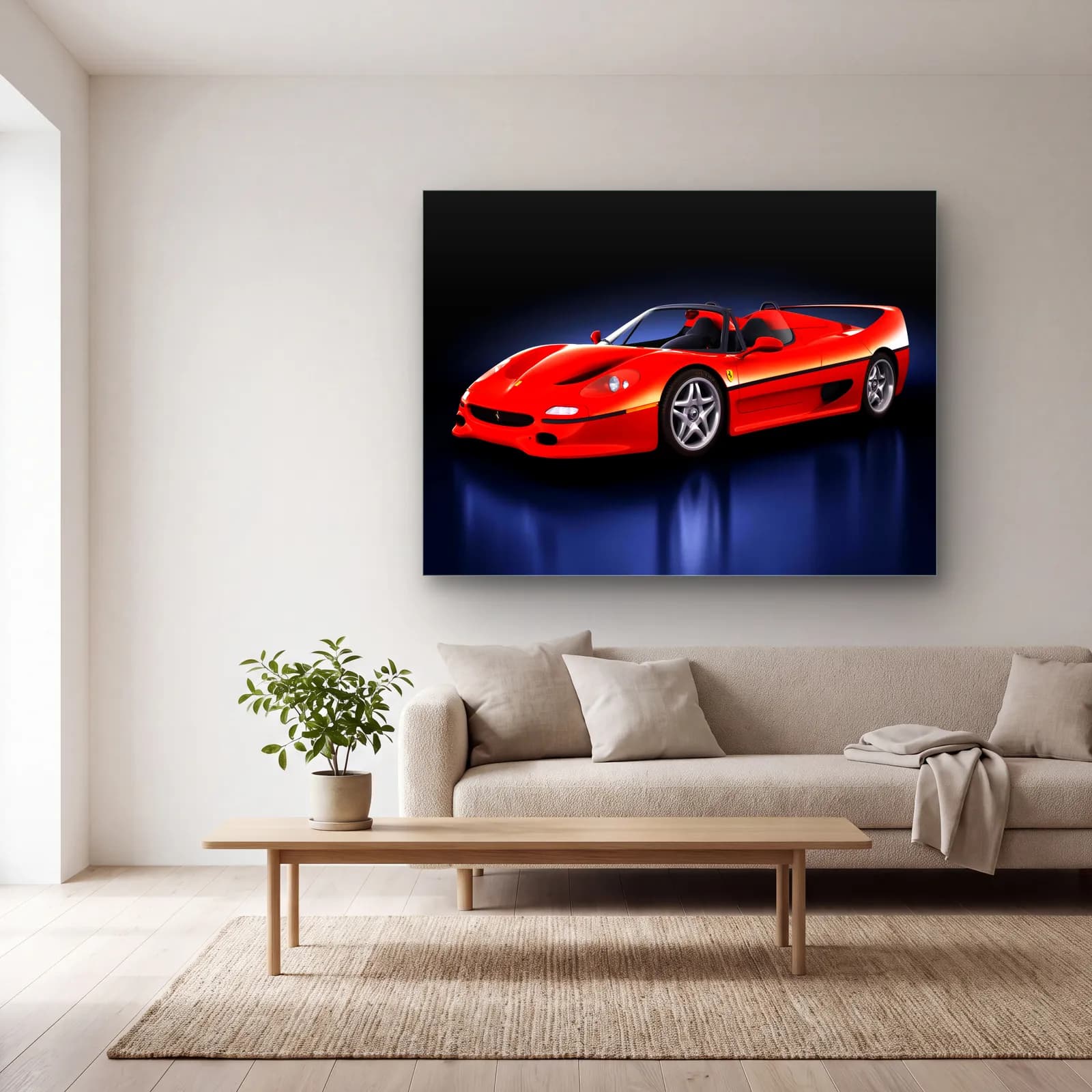 Kırmızı Ferrari F50 cam tablo — açık renk salonda