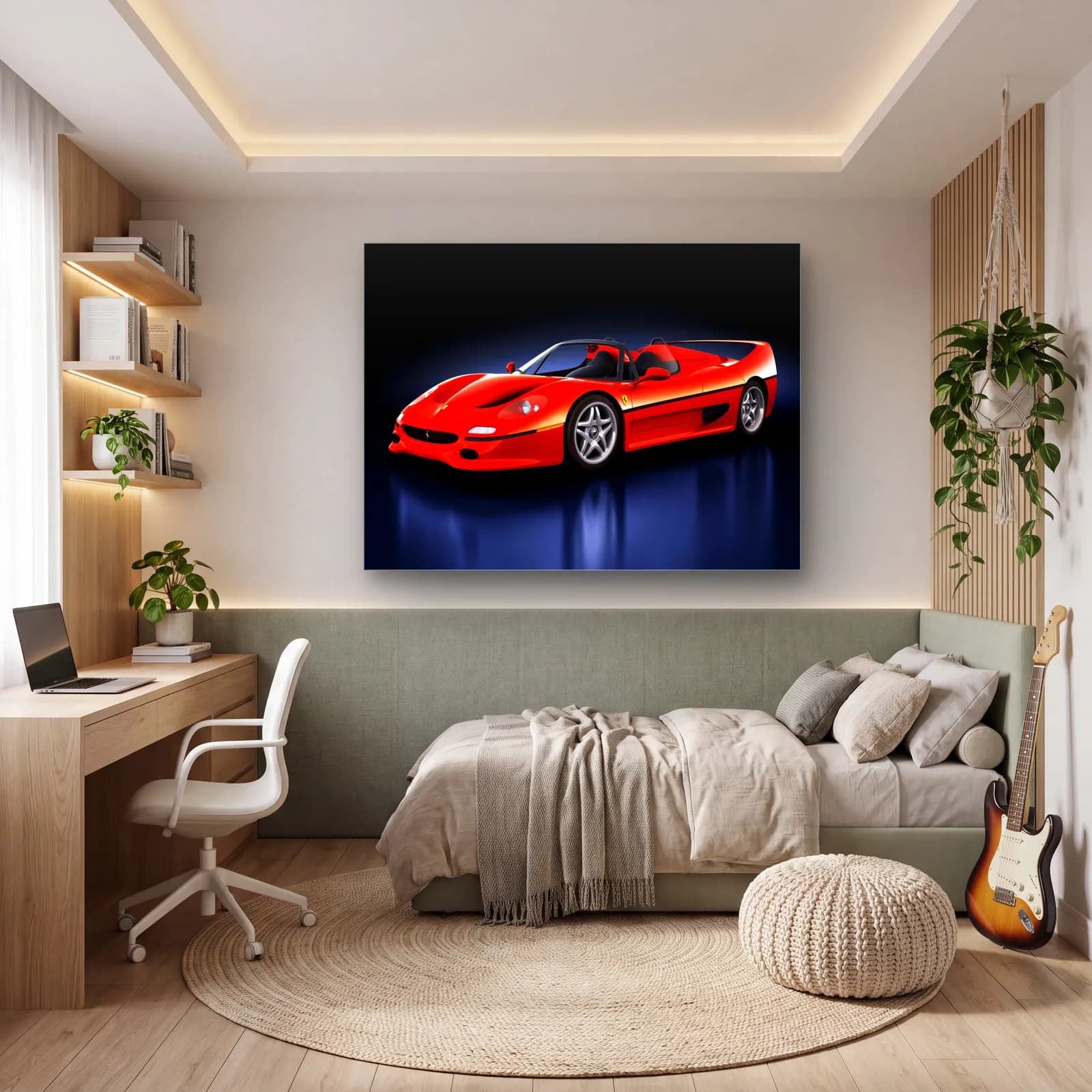 Kırmızı Ferrari F50 cam tablo — genç odasında