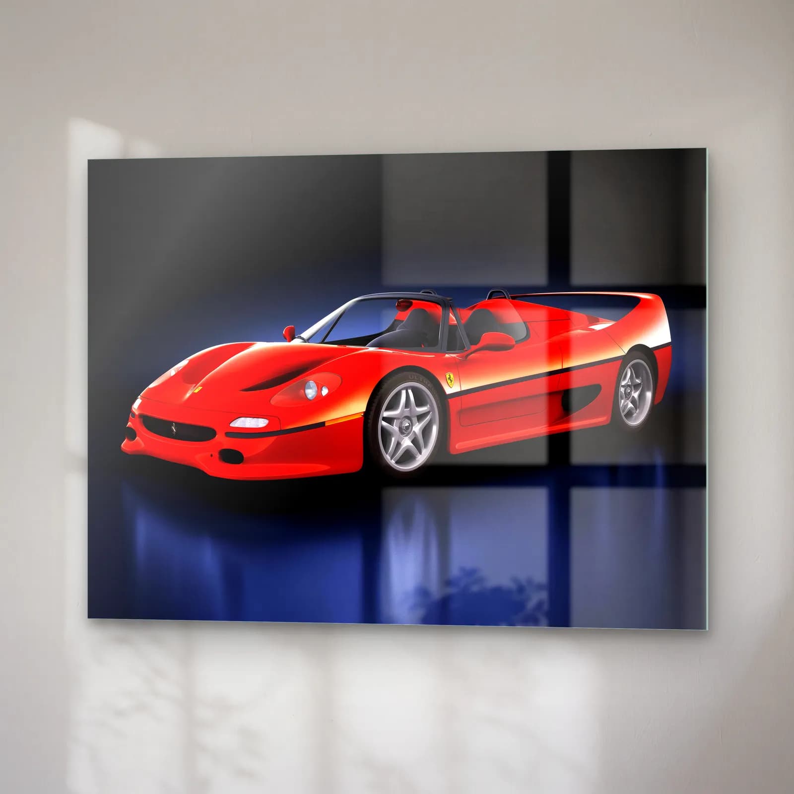 Kırmızı Ferrari F50 cam tablo — sağ açıdan görünüm