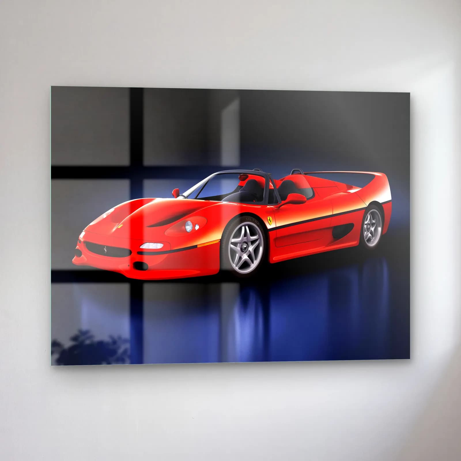 Kırmızı Ferrari F50 cam tablo — sol açıdan görünüm