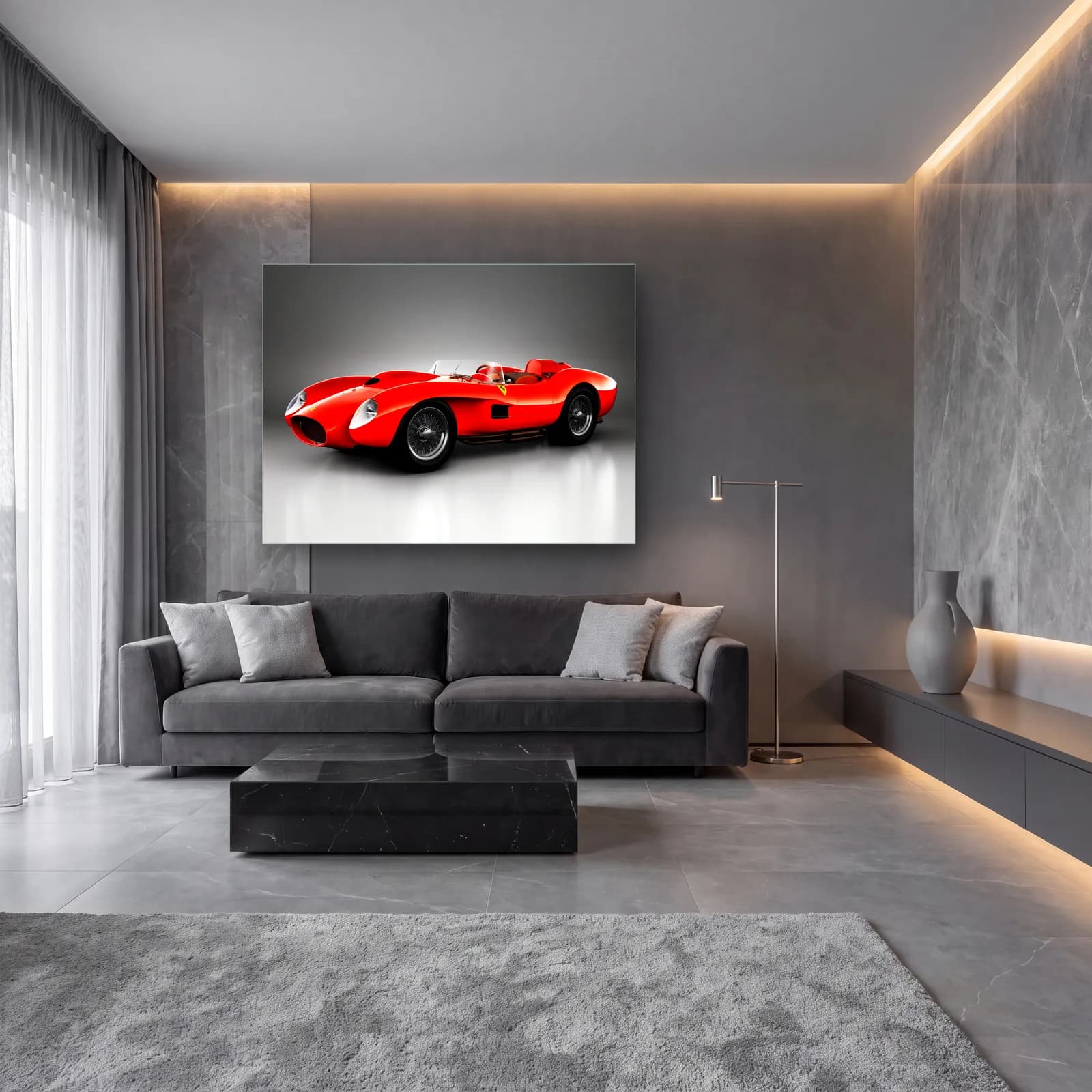 Kırmızı Ferrari 250 Testa Rossa cam tablo — lüks salon duvarında
